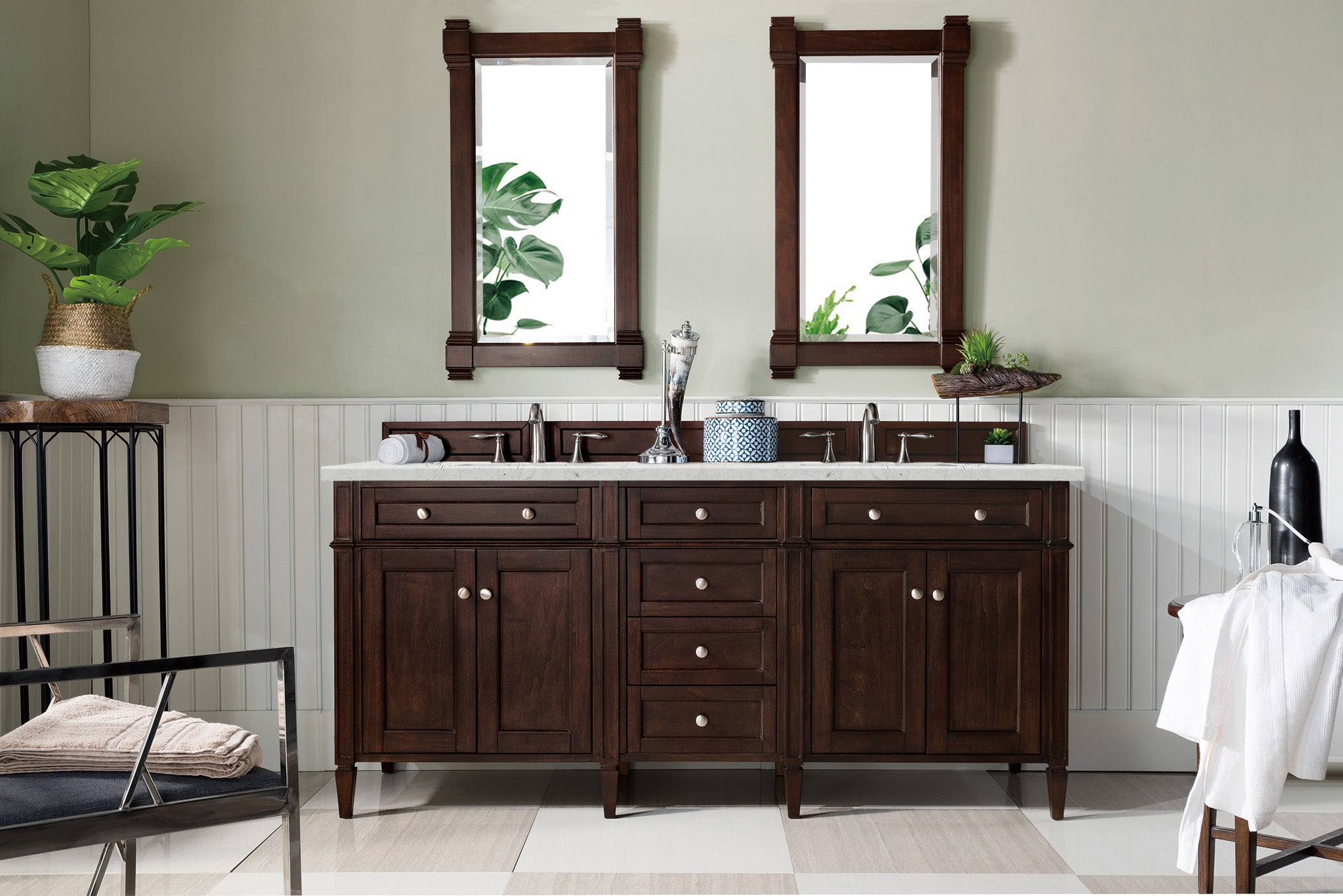 James Martin Brittany 72" Double Vanity in Burnished Mahogany with 3cm Countertop and FreePower Wireless Charger