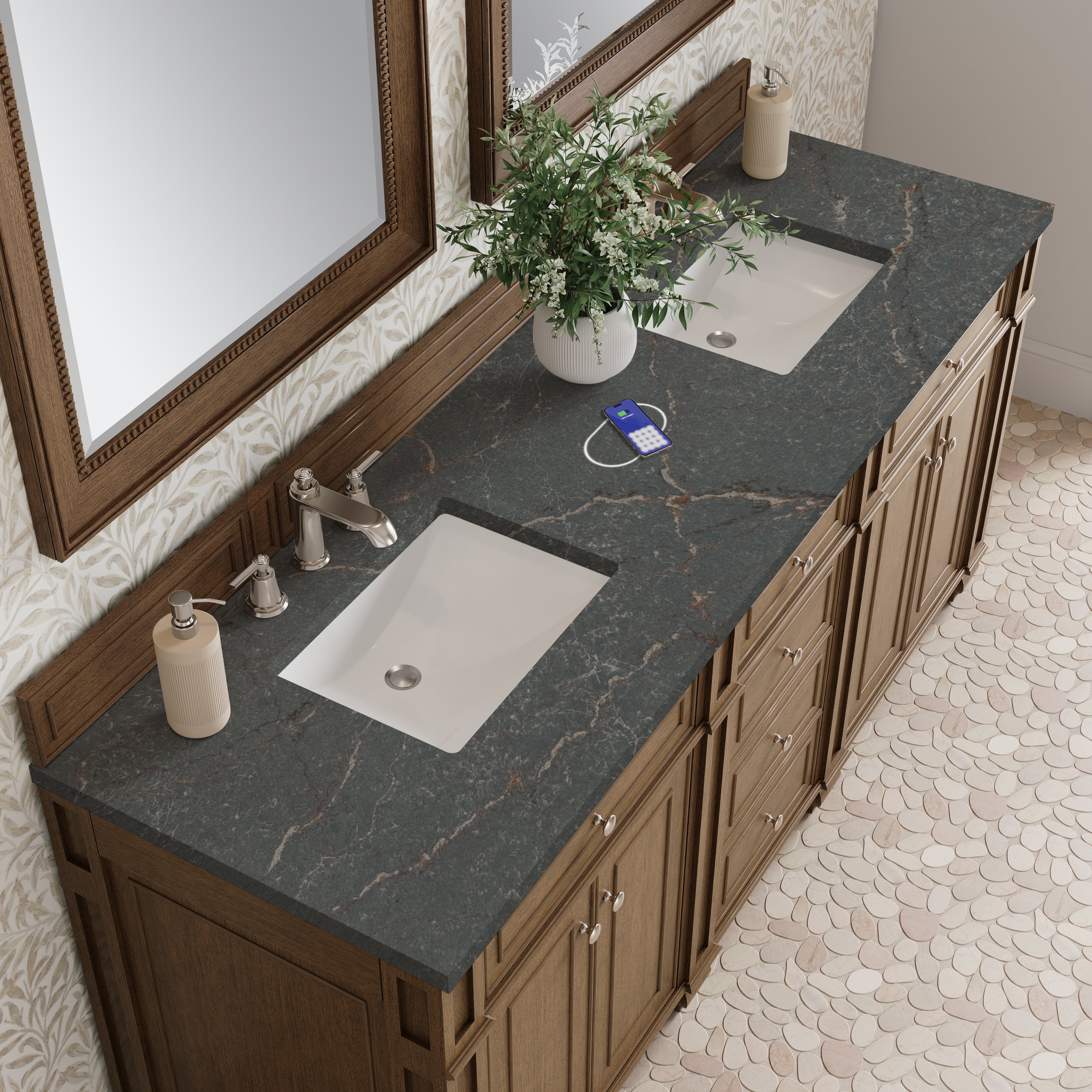James Martin Bristol 72" Double Vanity in Saddle Brown with 3cm Countertop and FreePower Wireless Charger