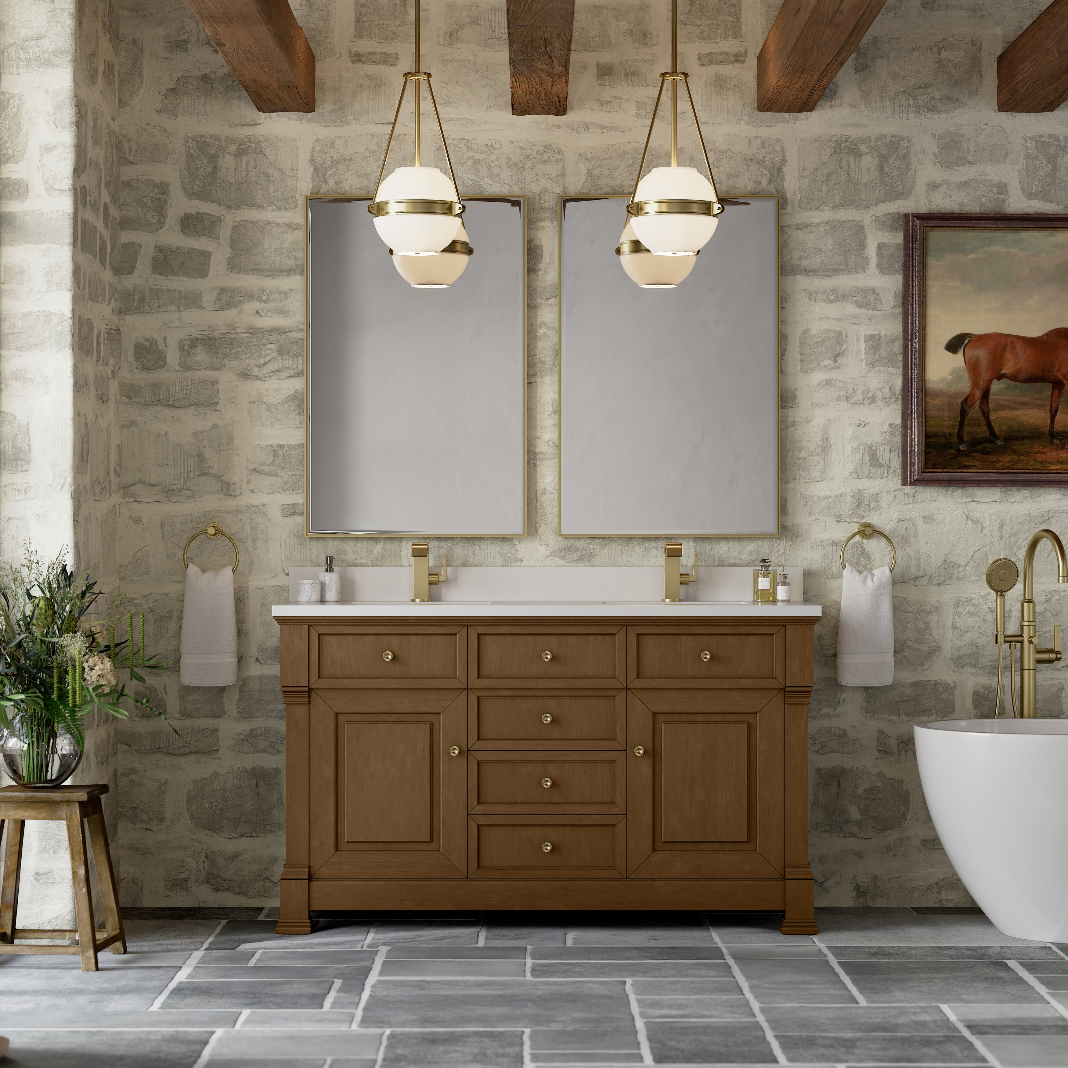 James Martin Brookfield 60" Double Vanity in Honey Oak with 3cm Countertop