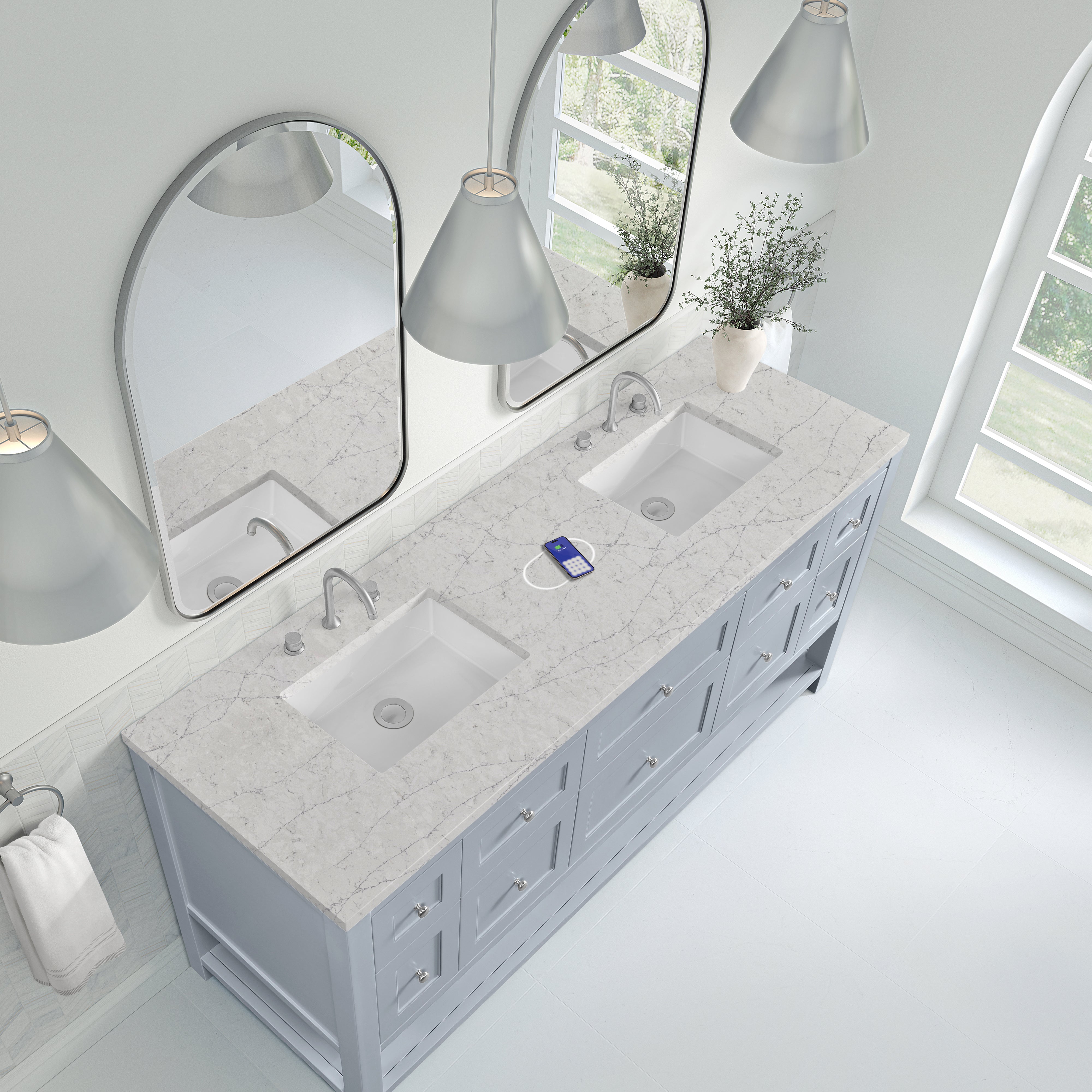 James Martin Breckenridge 72" Double Vanity in Serenity Blue with 3cm Countertop and FreePower Wireless Charger