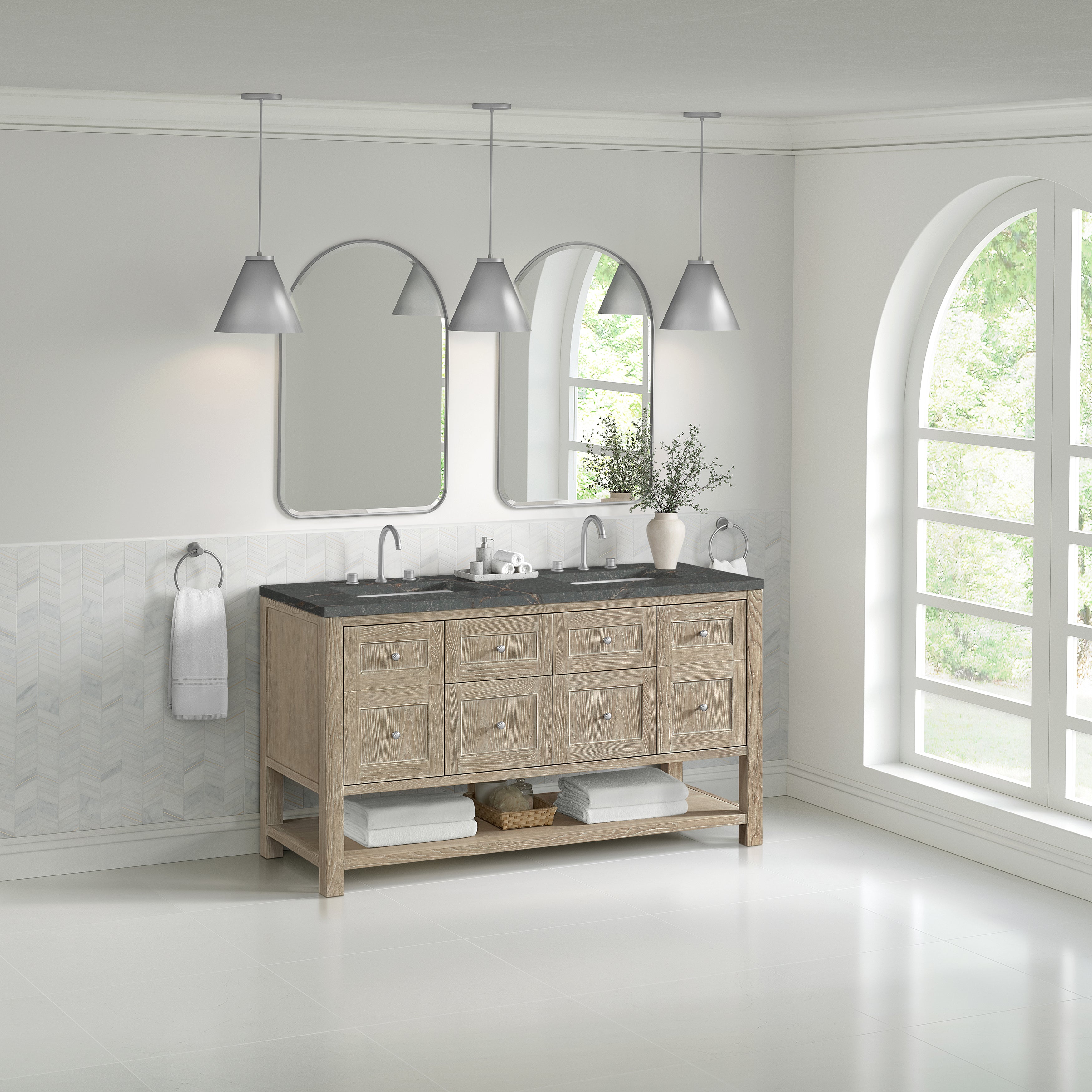 James Martin Breckenridge 60" Double Vanity in Whitewashed Oak with 3cm Countertop and FreePower Wireless Charger