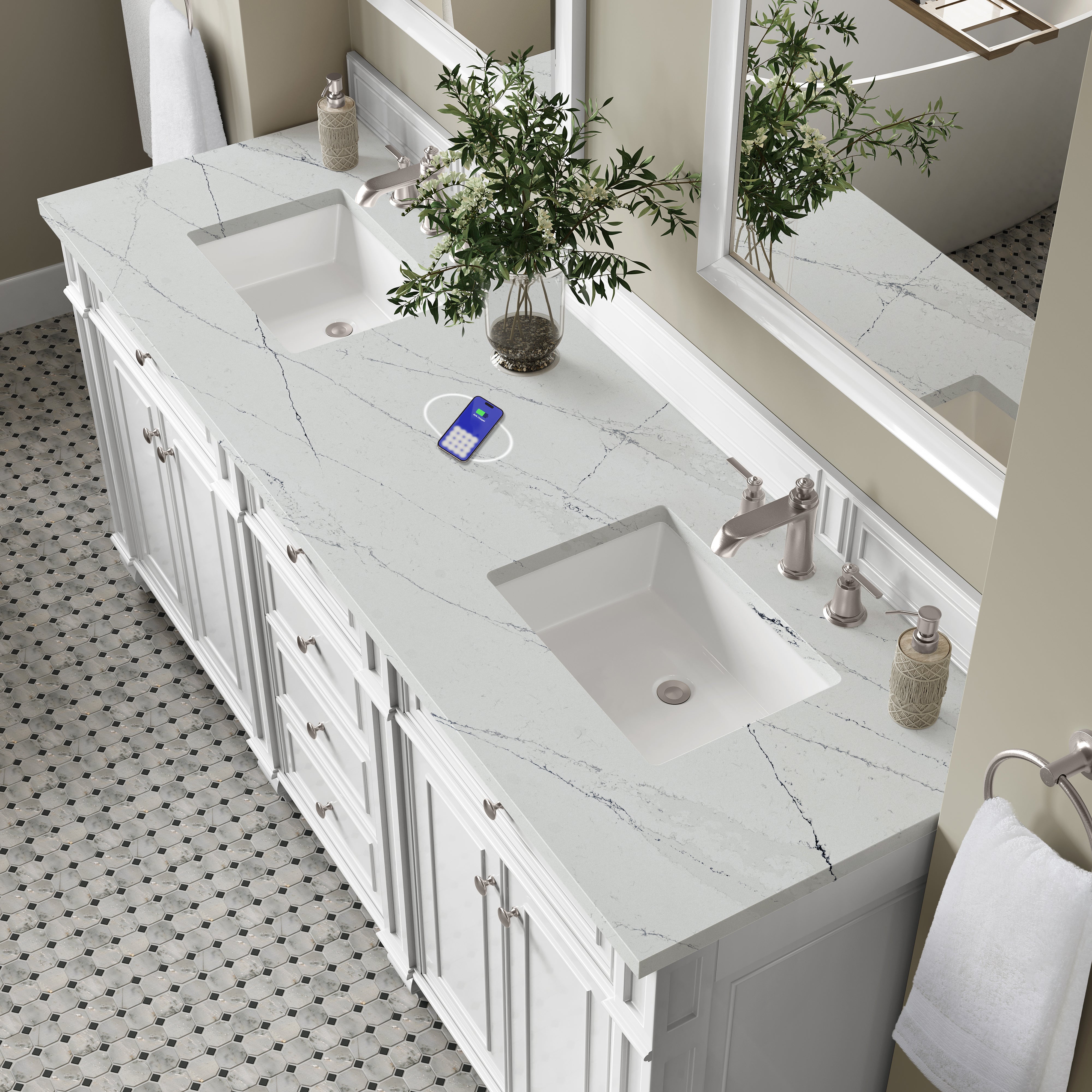 James Martin Bristol 72" Double Vanity in Bright White with 3cm Countertop and FreePower Wireless Charger