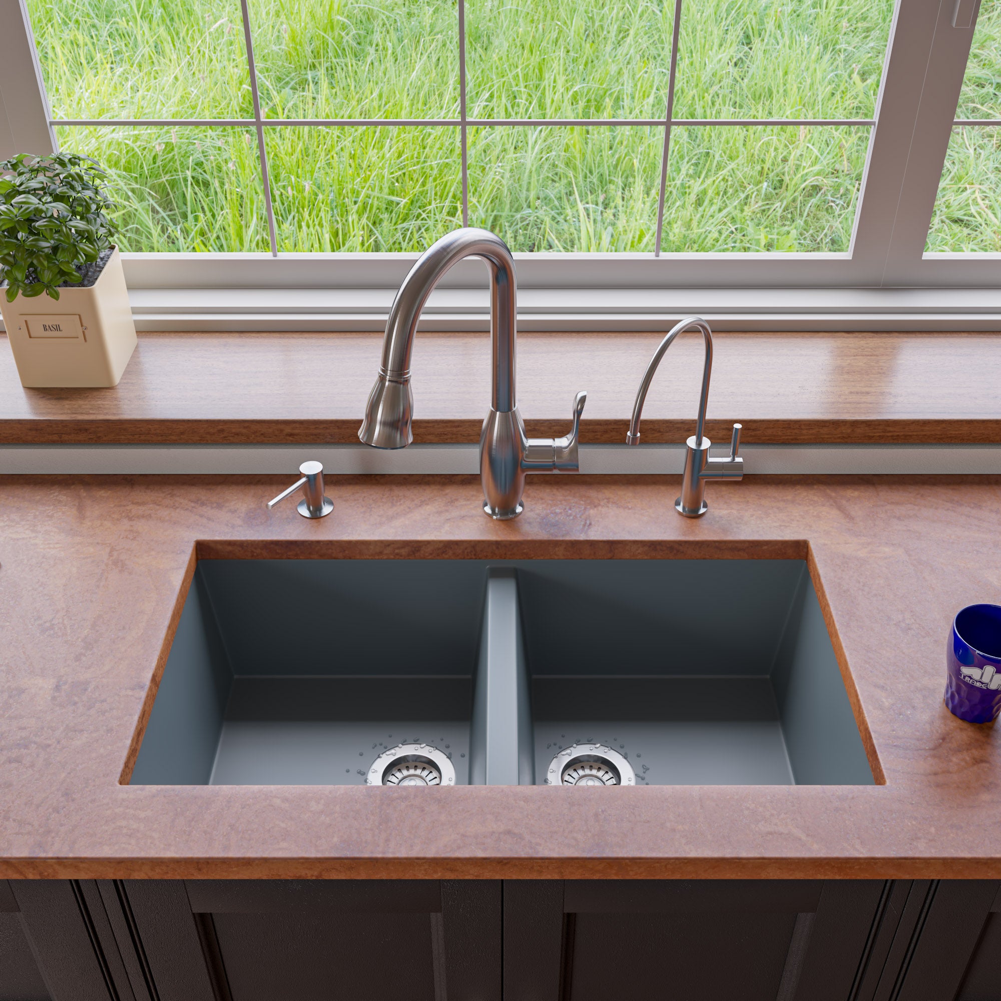 ALFI brand AB3420UM 34" Undermount Double Bowl Granite Composite Kitchen Sink
