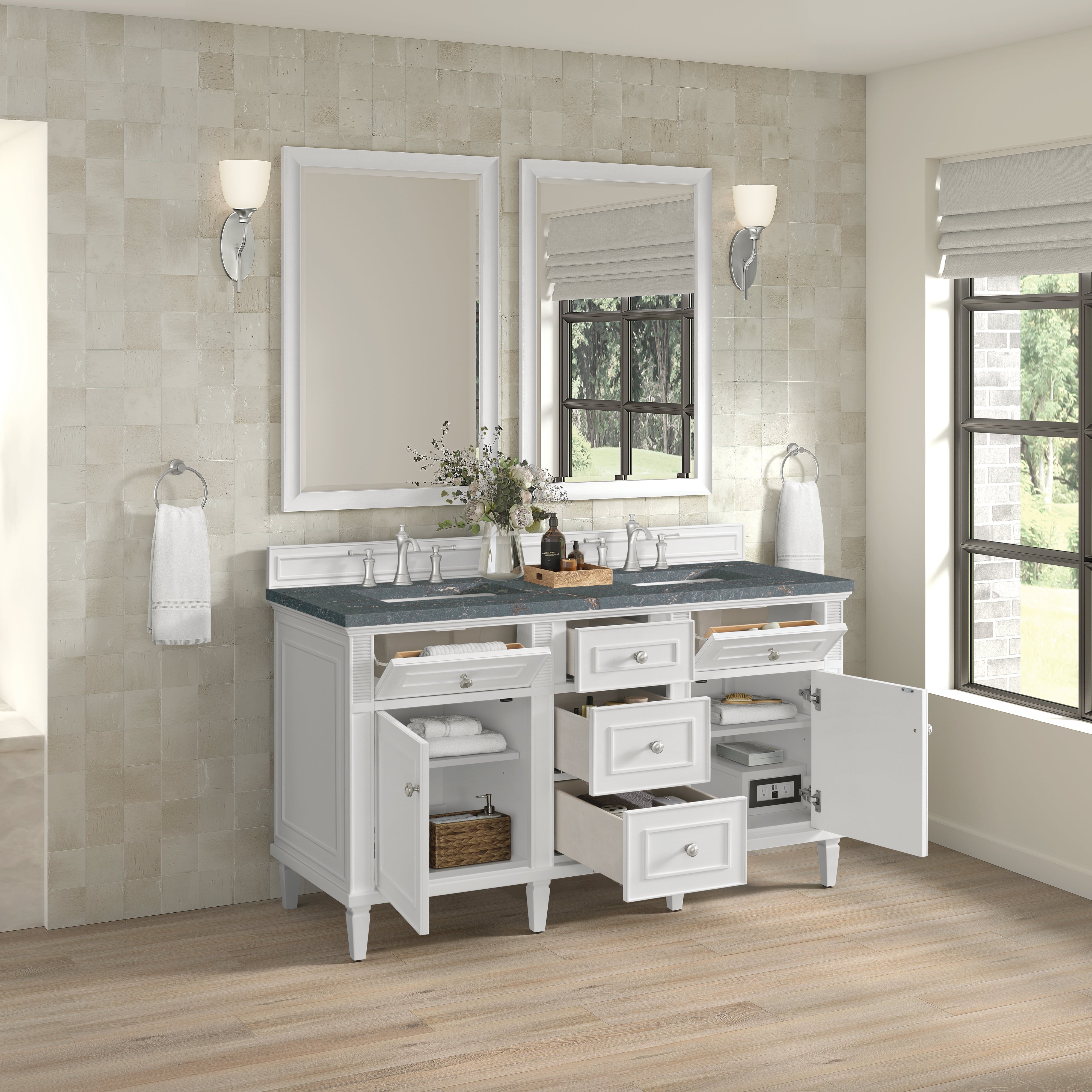 James Martin Lorelai 60" Double Vanity in Bright White with 3cm Countertop and FreePower Wireless Charger