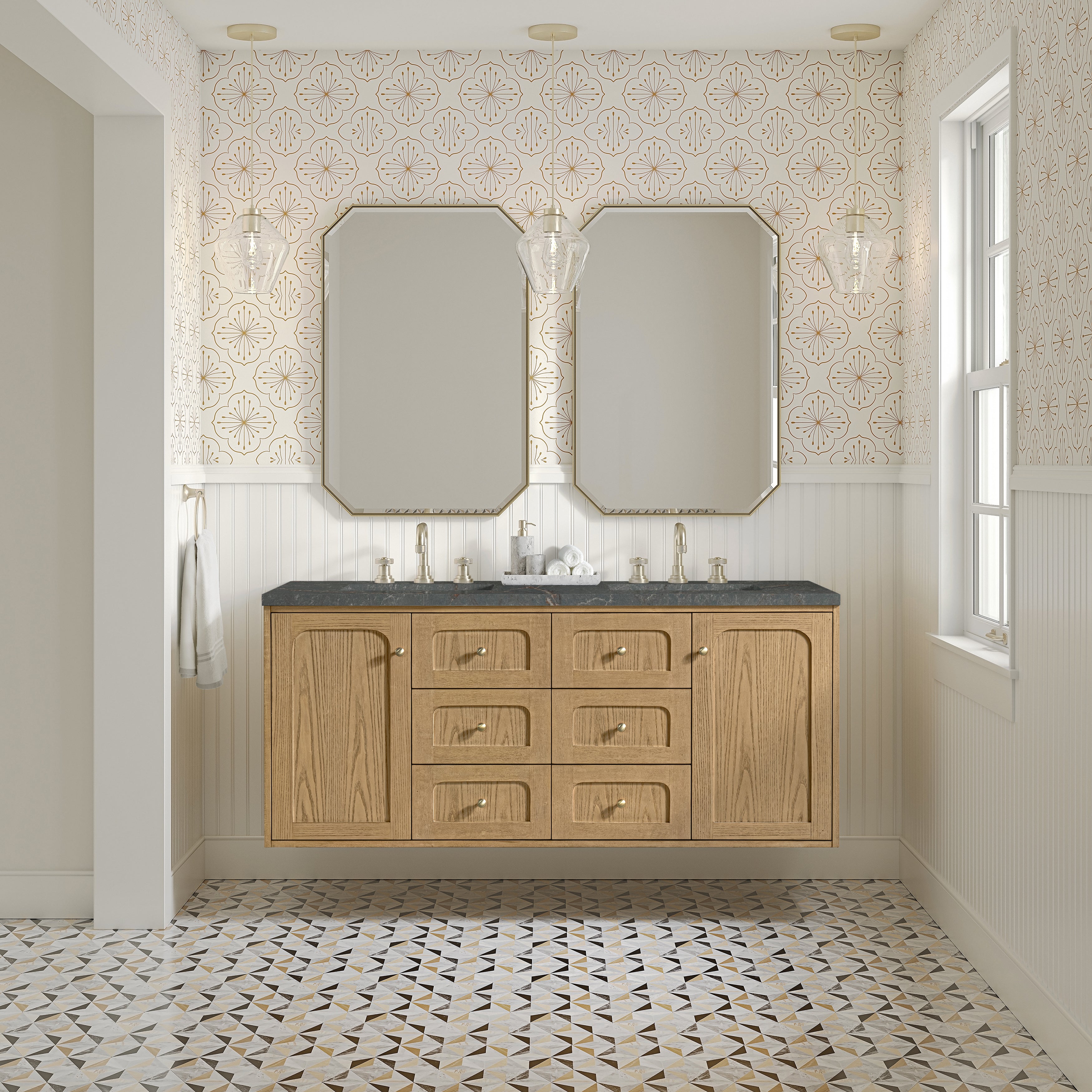 James Martin Laurent 60" Double Vanity in Light Natural Oak with 3cm Countertop and FreePower Wireless Charger