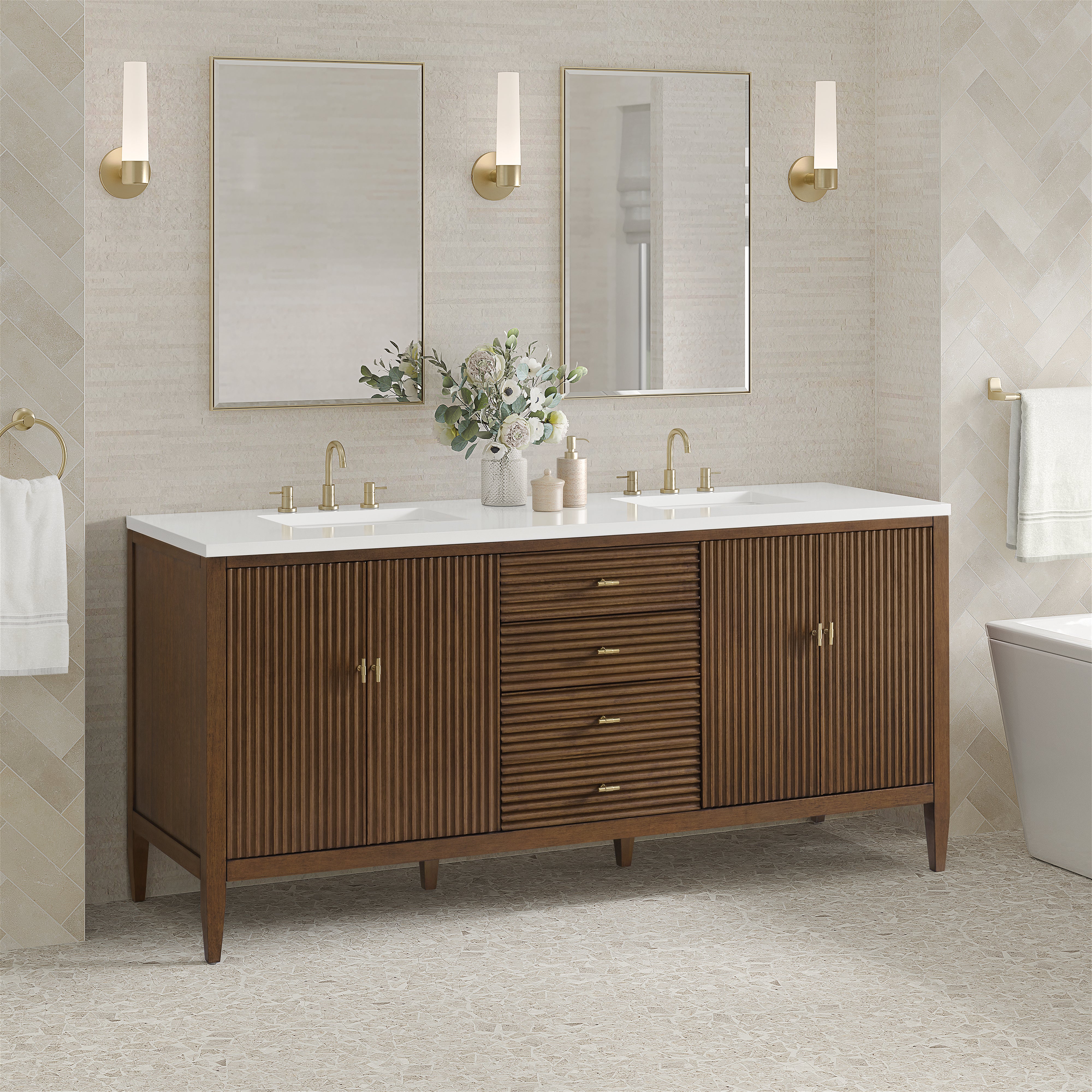 James Martin Myrrin 72" Double Vanity in Mid Century Walnut with 3cm Countertop