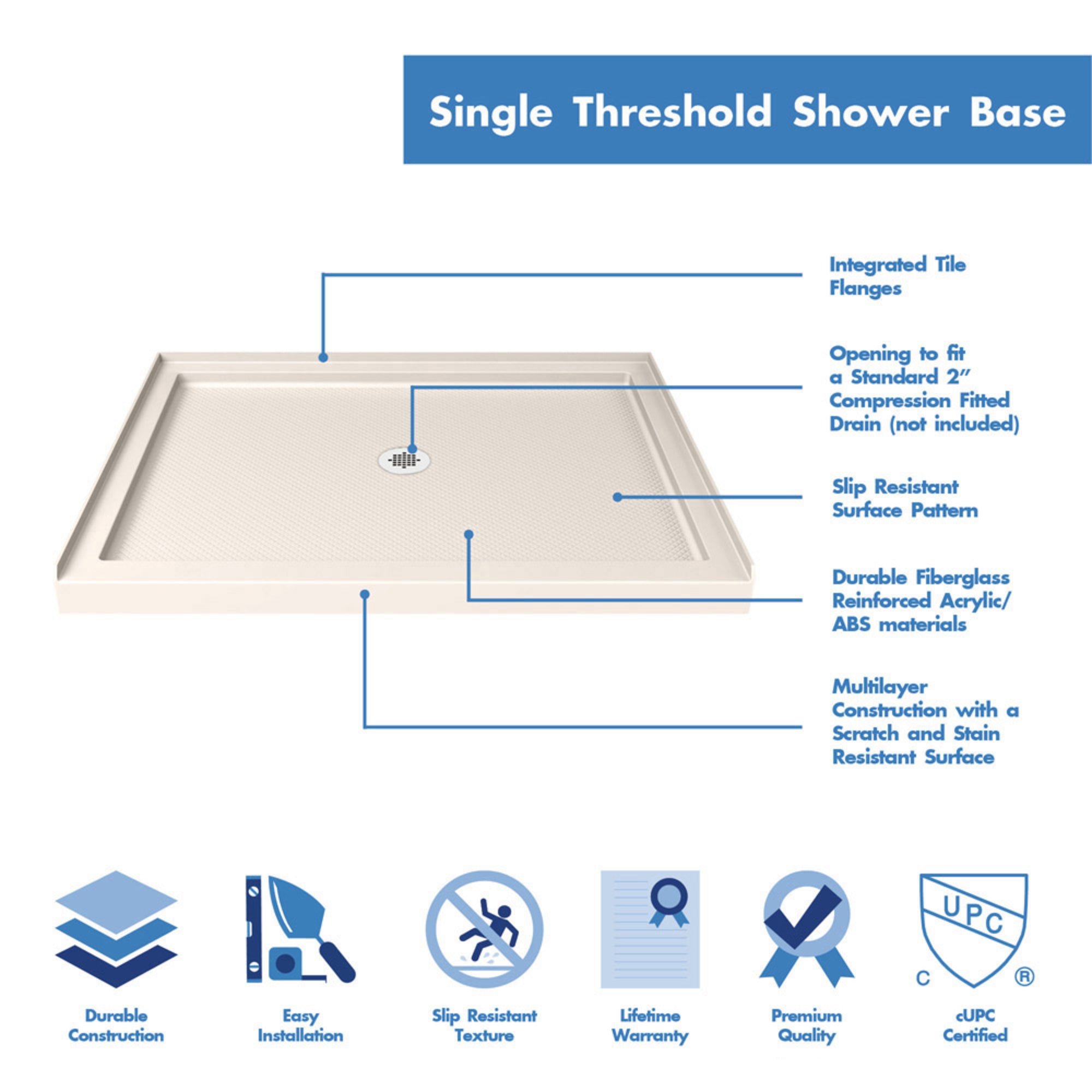 DreamLine SlimLine 42" D x 42" W Alcove Shower Base