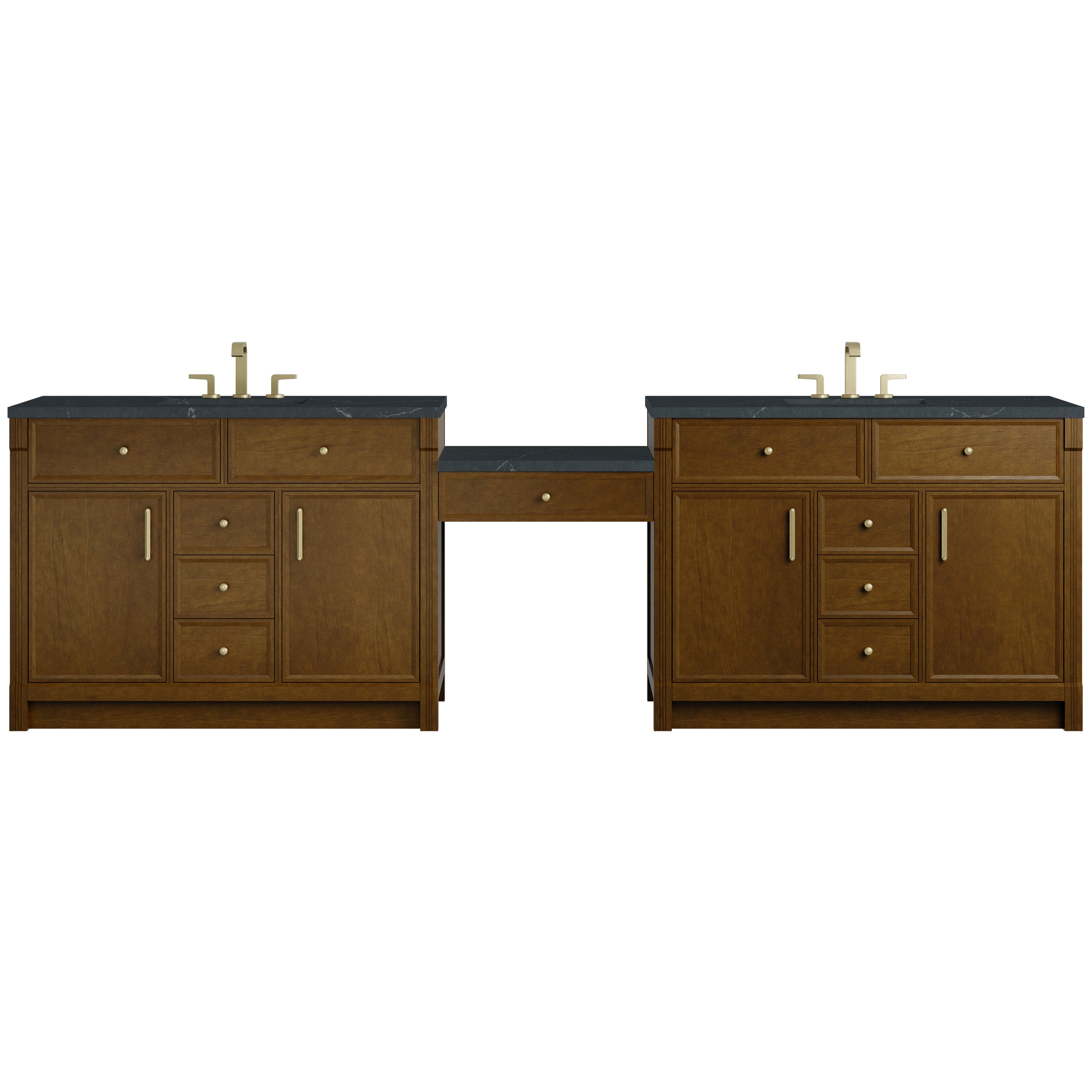 James Martin Bellshire 120" Dual Vanity Set with 24" Make-Up Counter in Honey Oak with 3cm Countertop