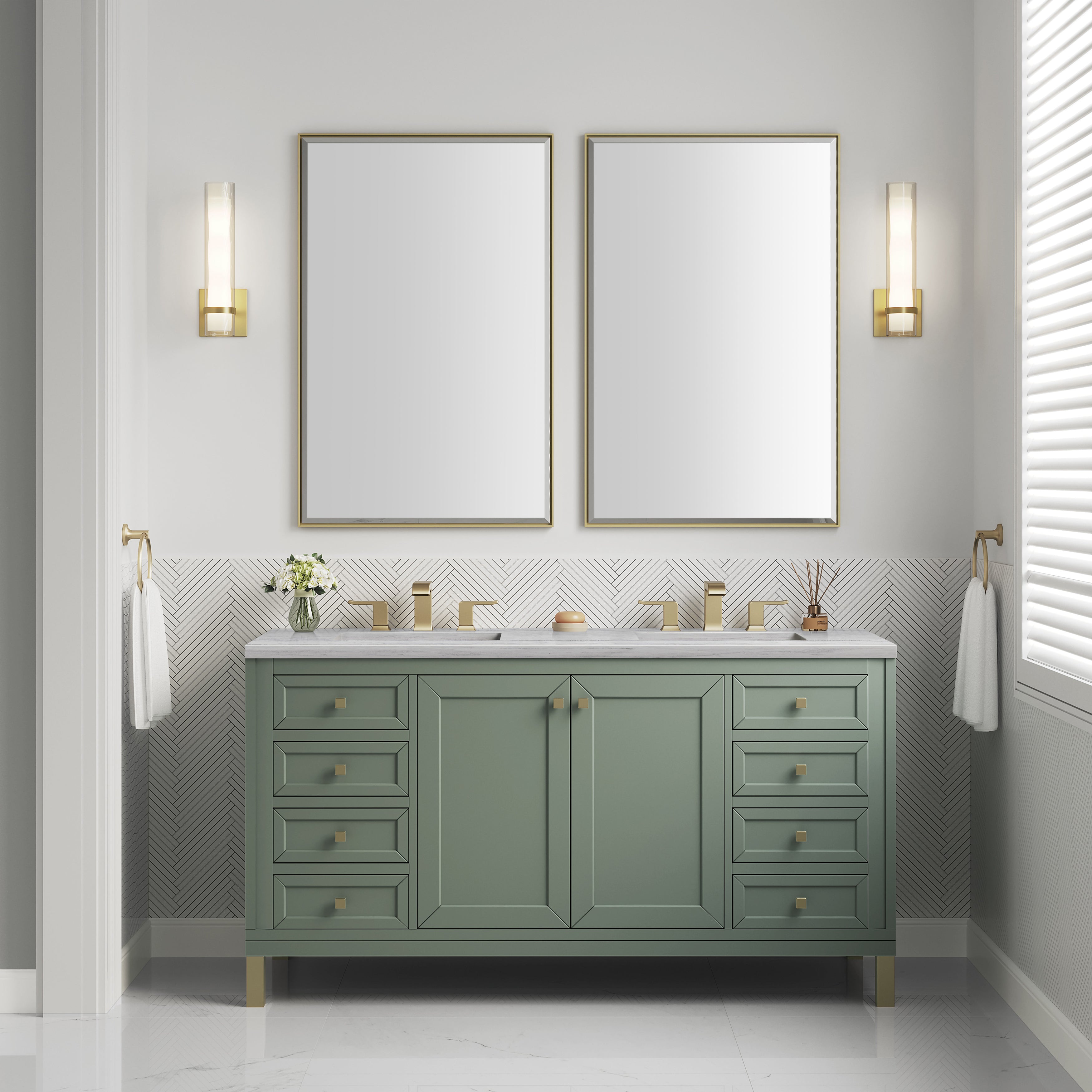 James Martin Chicago 60" Double Vanity in Smokey Celadon with 3cm Countertop