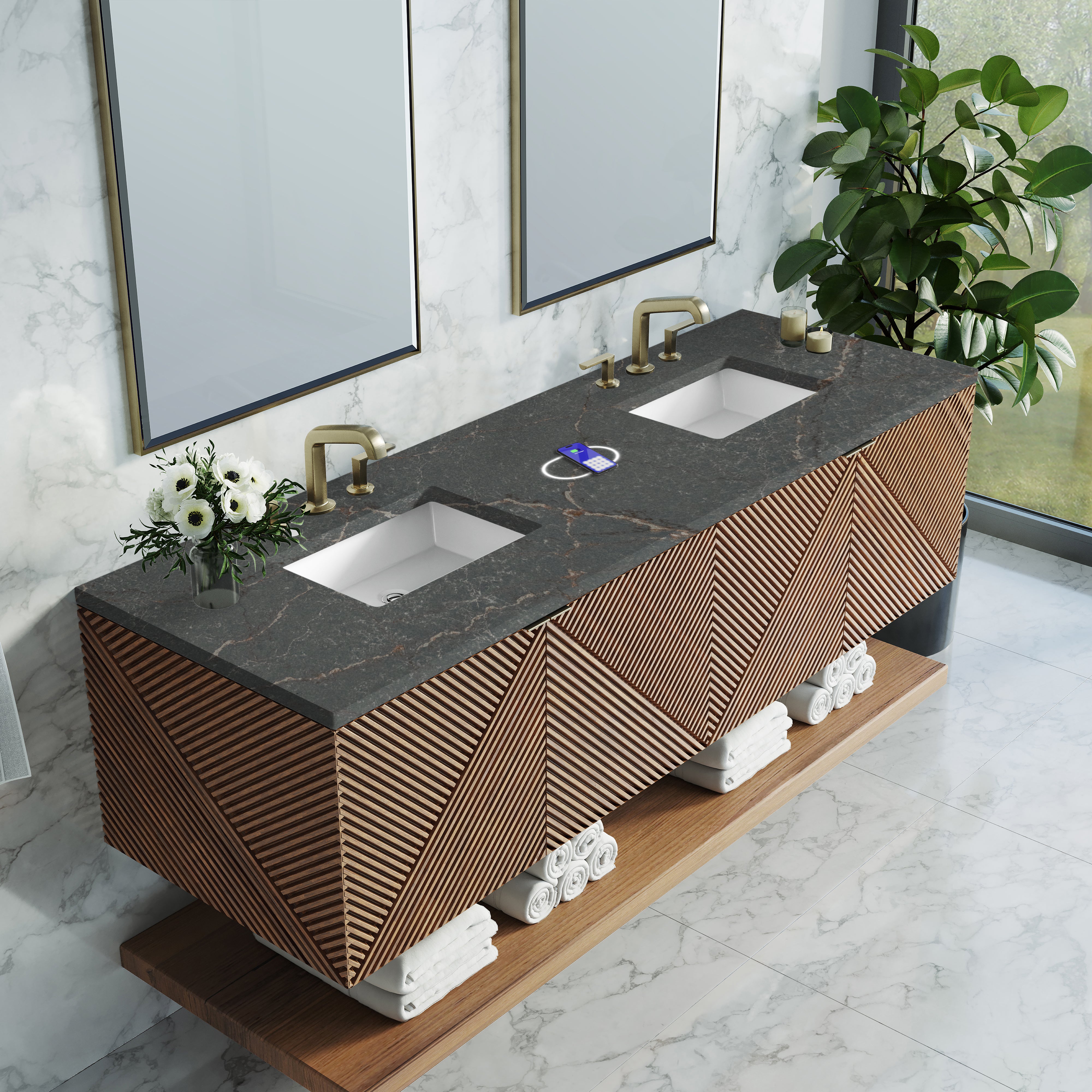 James Martin Marcello 72" Double Vanity in Chestnut with 3cm Countertop and FreePower Wireless Charger