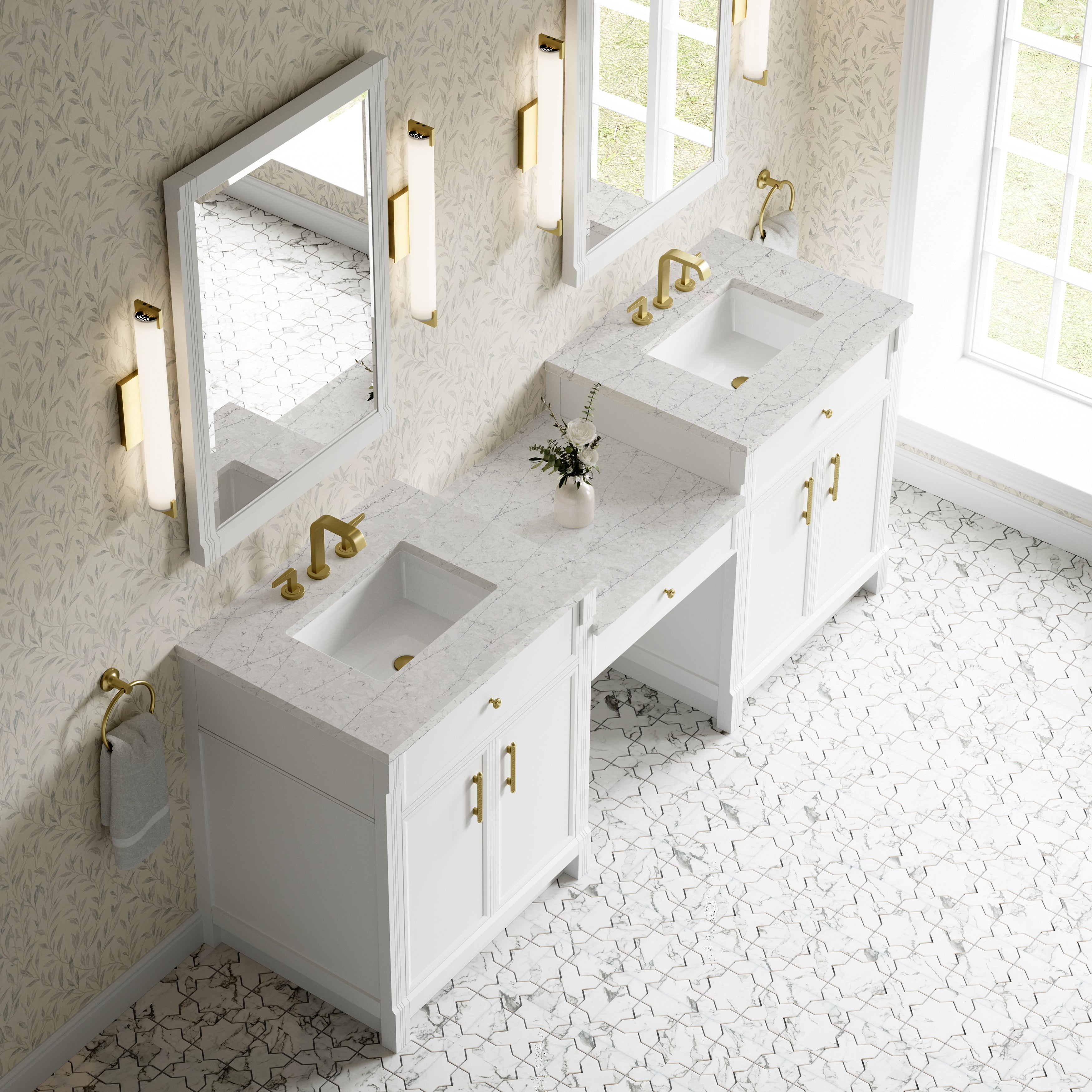 James Martin Bellshire 84" Dual Vanity Set with 24" Make-Up Counter in Bright White with 3cm Countertop