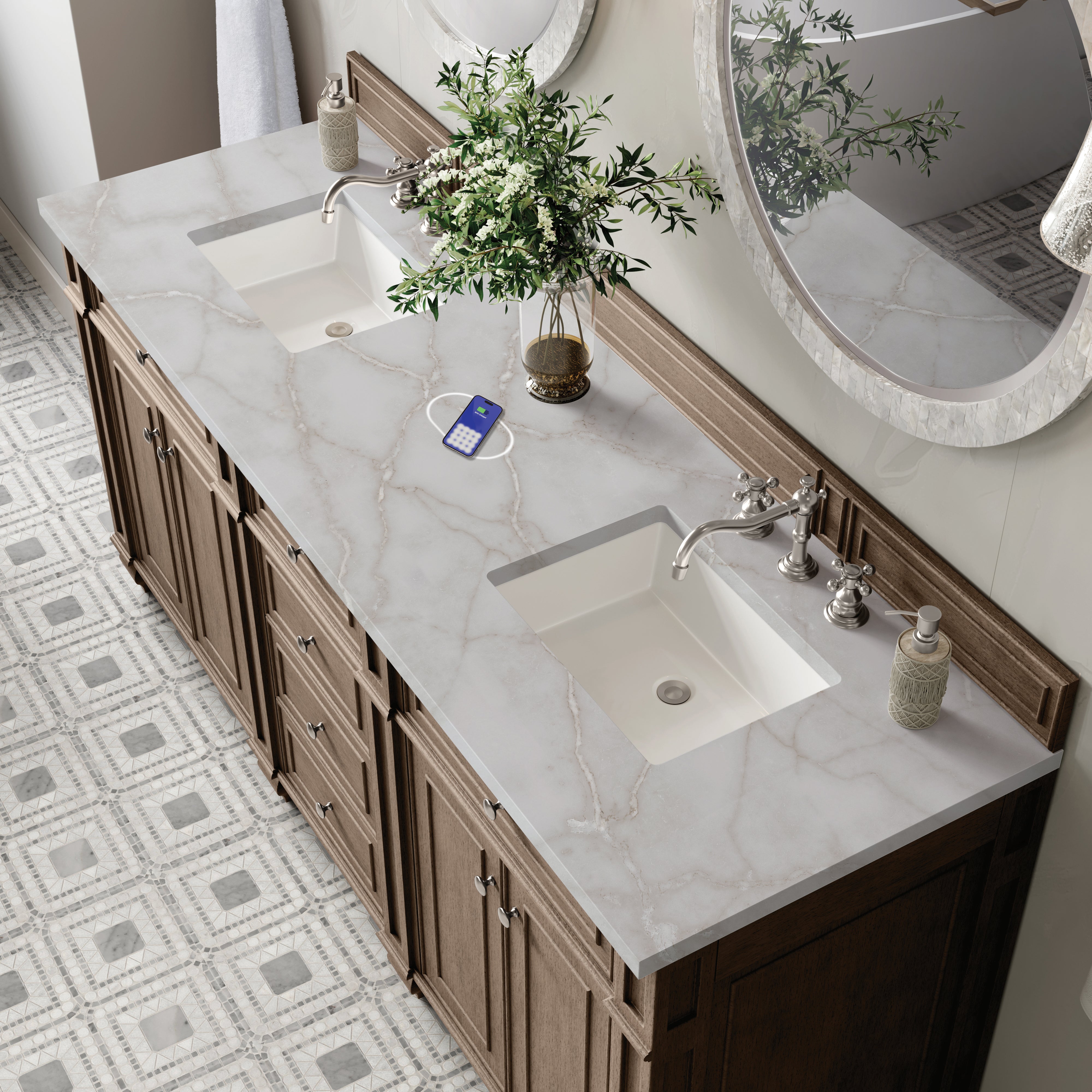 James Martin Bristol 72" Double Vanity in Whitewashed Walnut with 3cm Countertop and FreePower Wireless Charger