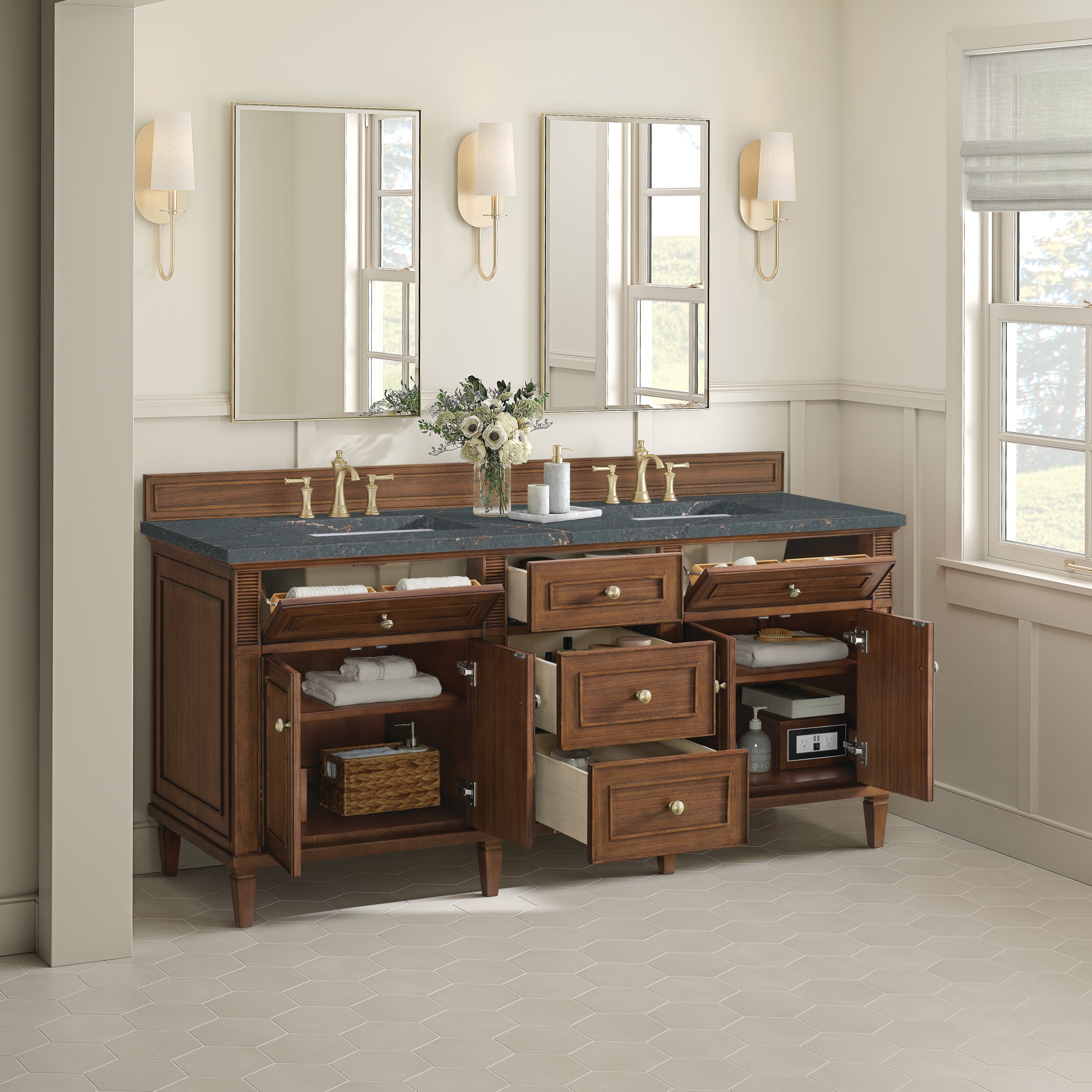 James Martin Lorelai 72"Double Vanity in Mid-Century Walnut with 3cm Countertop
