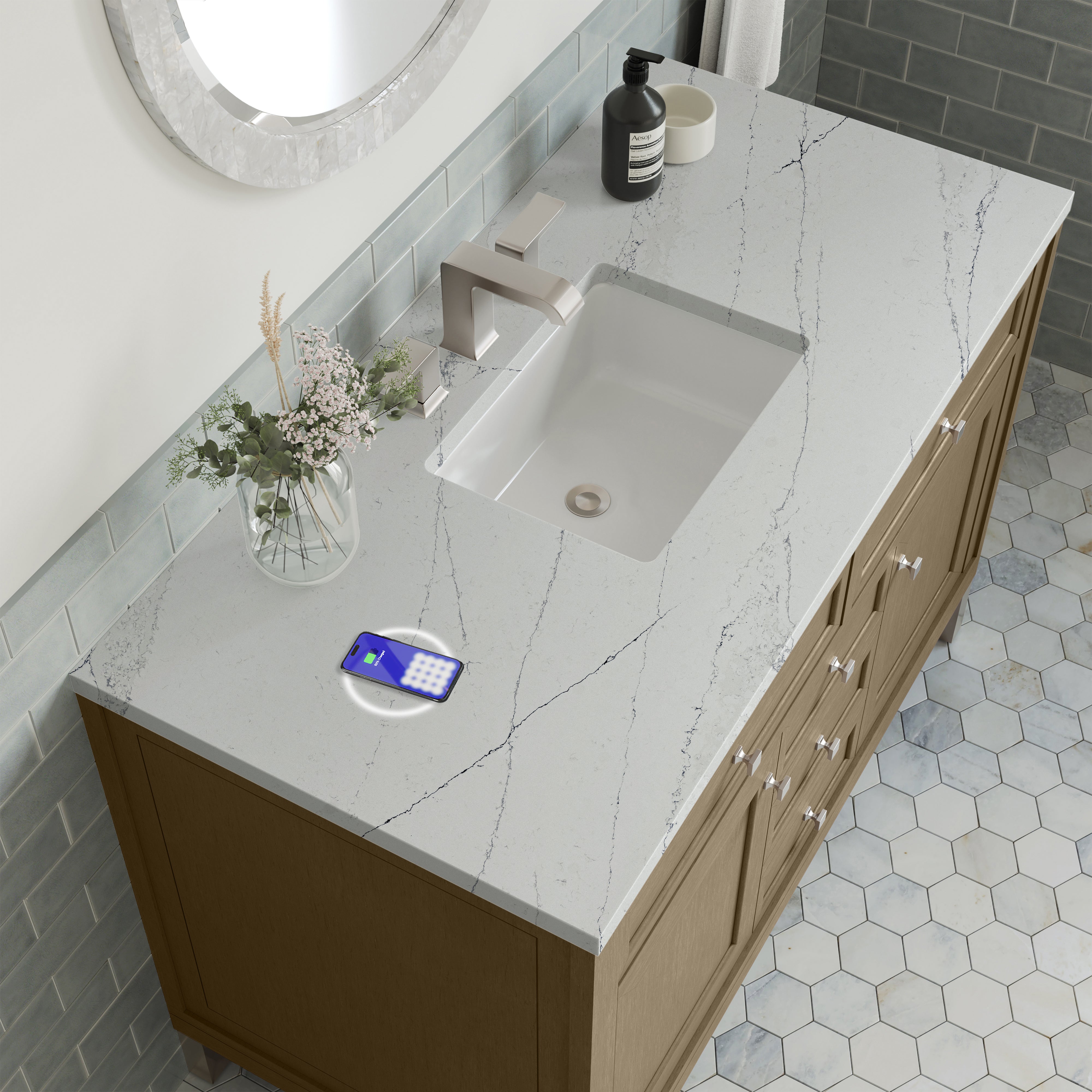 James Martin Chicago 48" Single Vanity in Walnut Whisper with 3cm Countertop and FreePower Wireless Charger