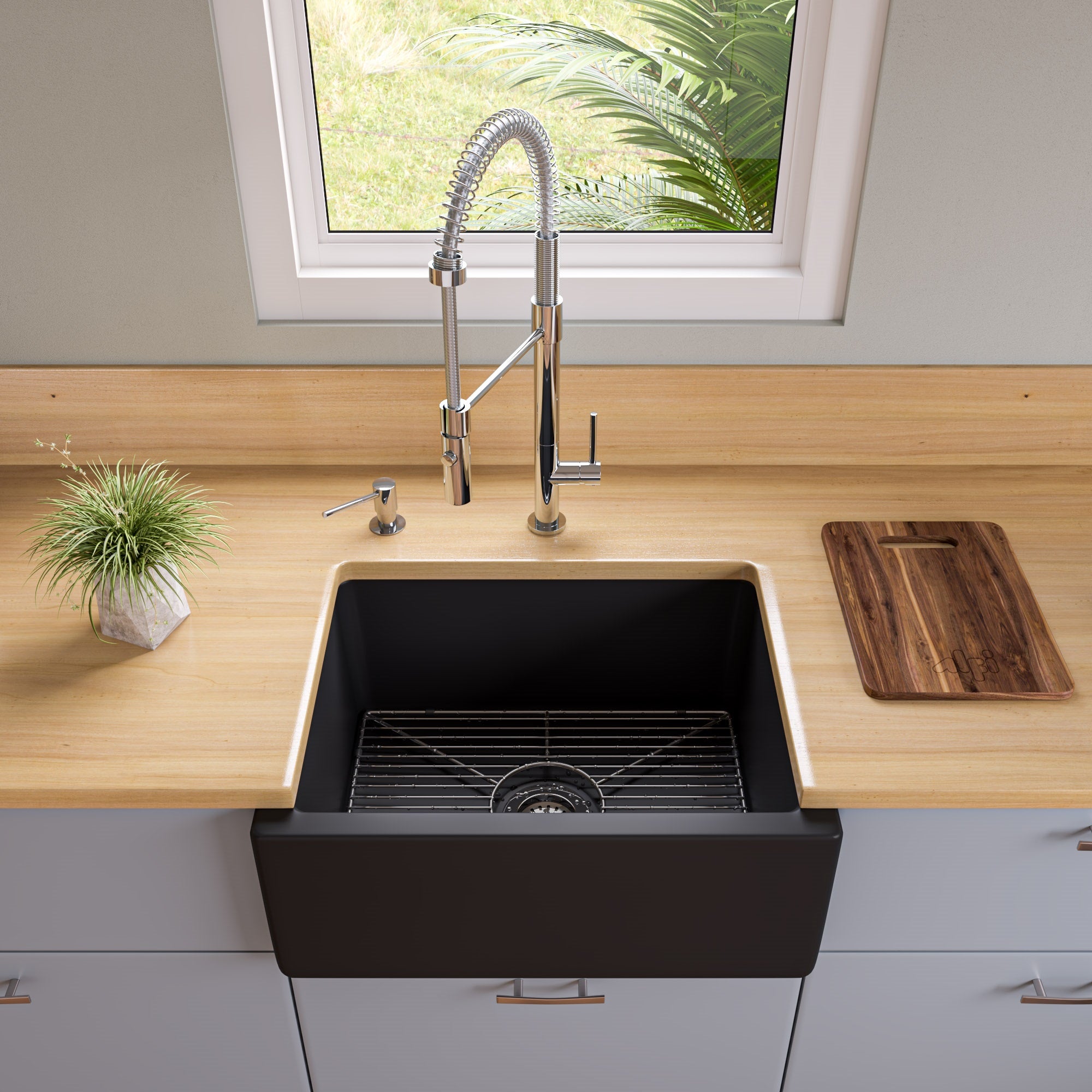 ALFI brand AB2418HS 24" Reversible Smooth / Fluted Single Bowl Fireclay Farm Sink – Biscuit, Black Gloss, Black Matte, White