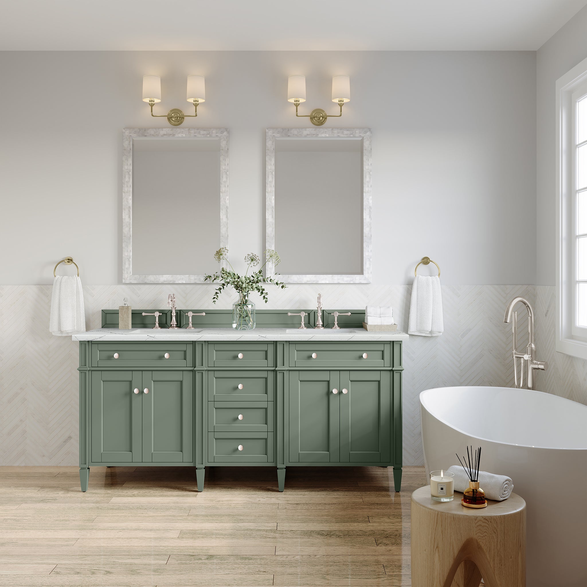James Martin Brittany 72" Double Vanity in Smokey Celadon with 3cm Countertop and FreePower Wireless Charger