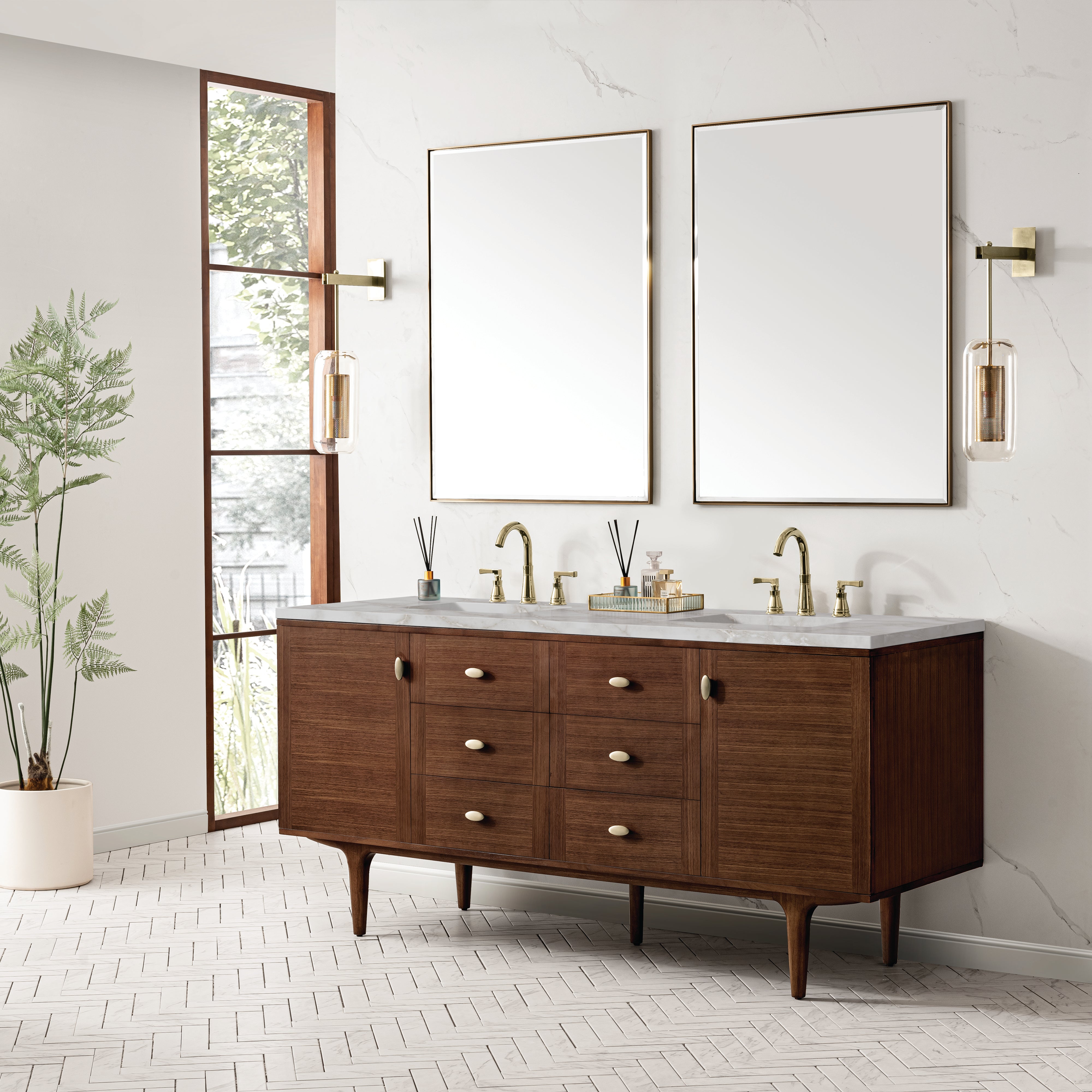 James Martin Amberly 72" Double Vanity in Mid-Century Walnut with 3cm Countertop and FreePower Wireless Charger