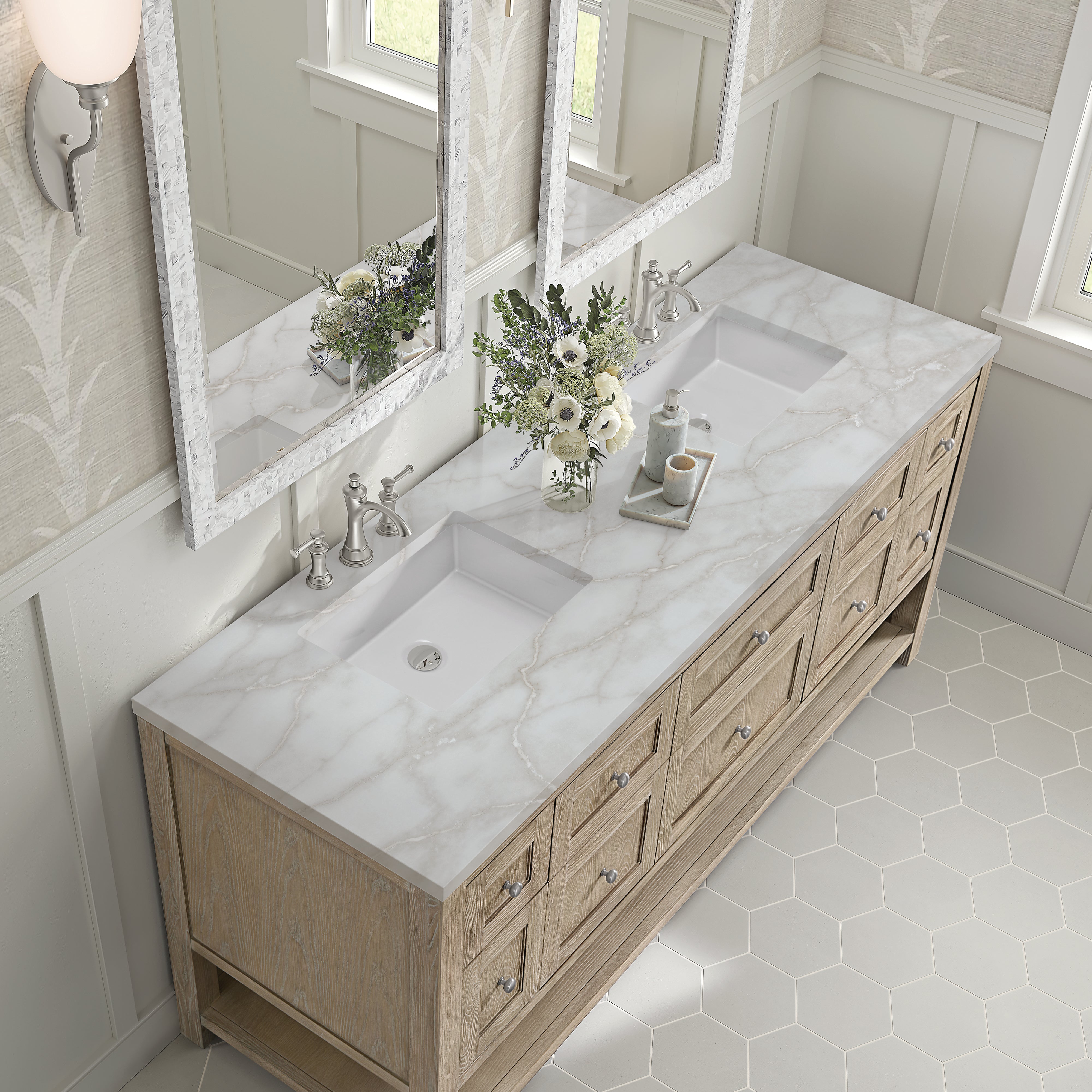 James Martin Breckenridge 72" Double Vanity in Whitewashed Oak with 3cm Countertop