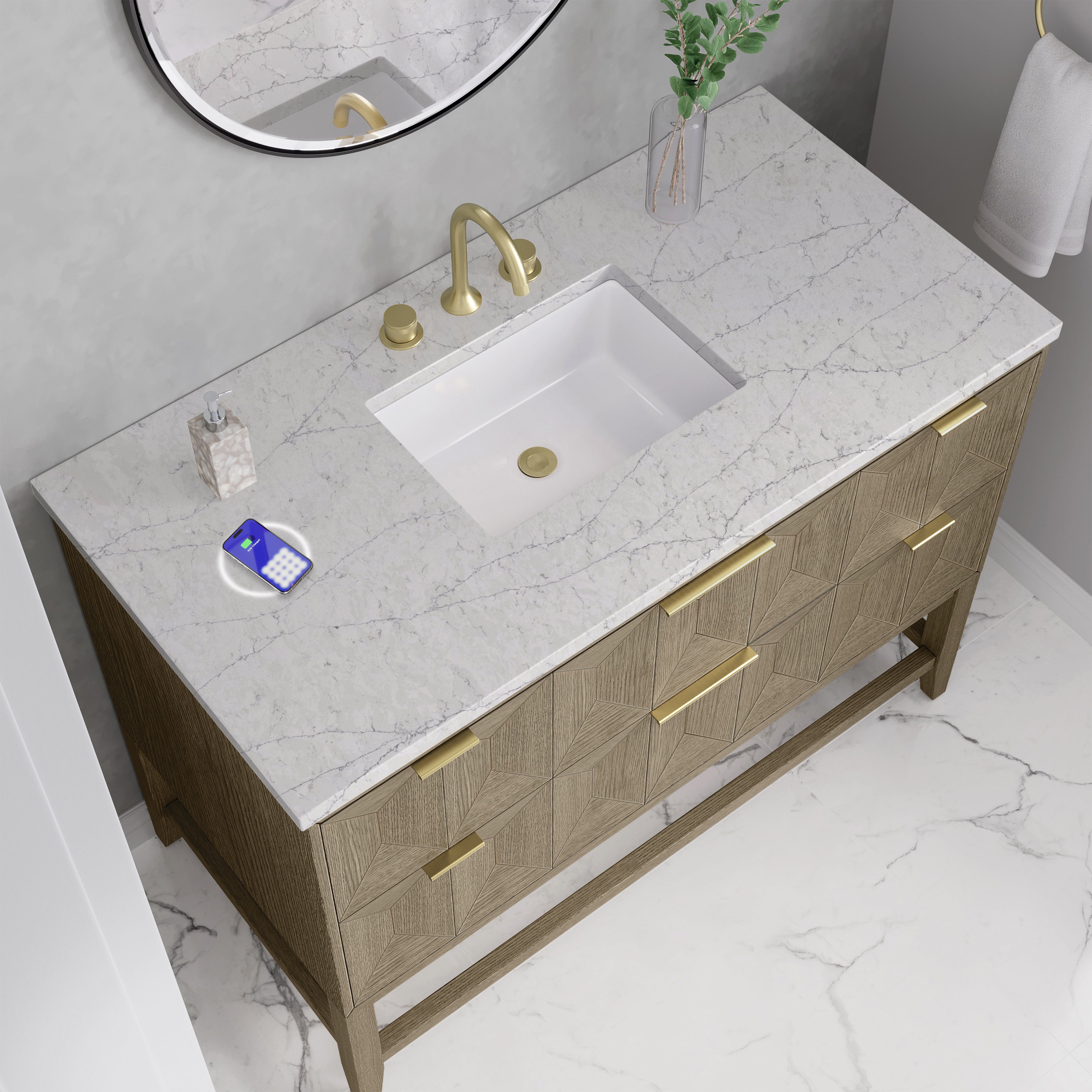 James Martin Emmeline 48" Single Vanity in Pebble Oak with 3cm Countertop and FreePower Wireless Charger