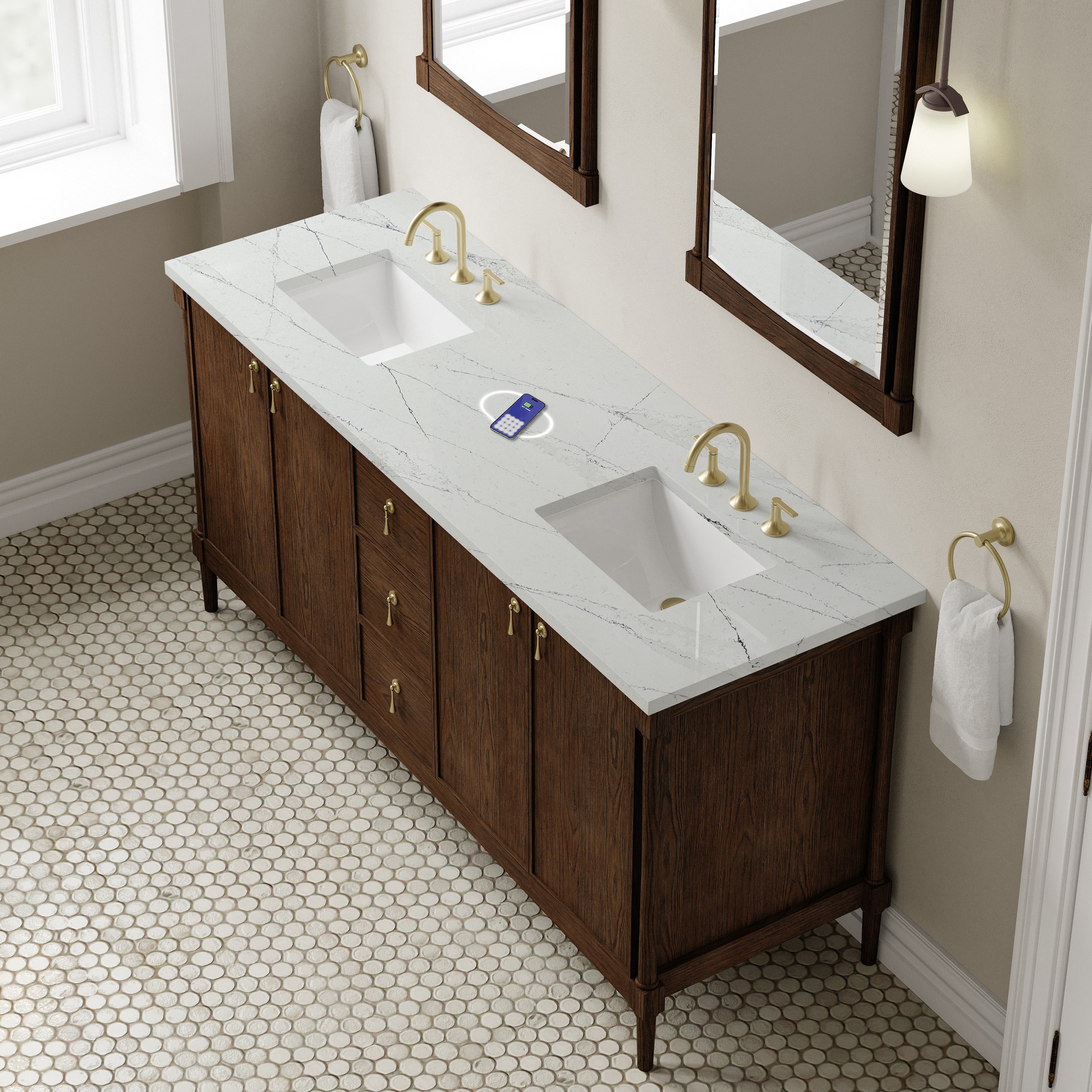 James Martin Kinnsden 72" Double Vanity in Sable Oak with 3cm Carrara Marble Top and FreePower Wireless Charger