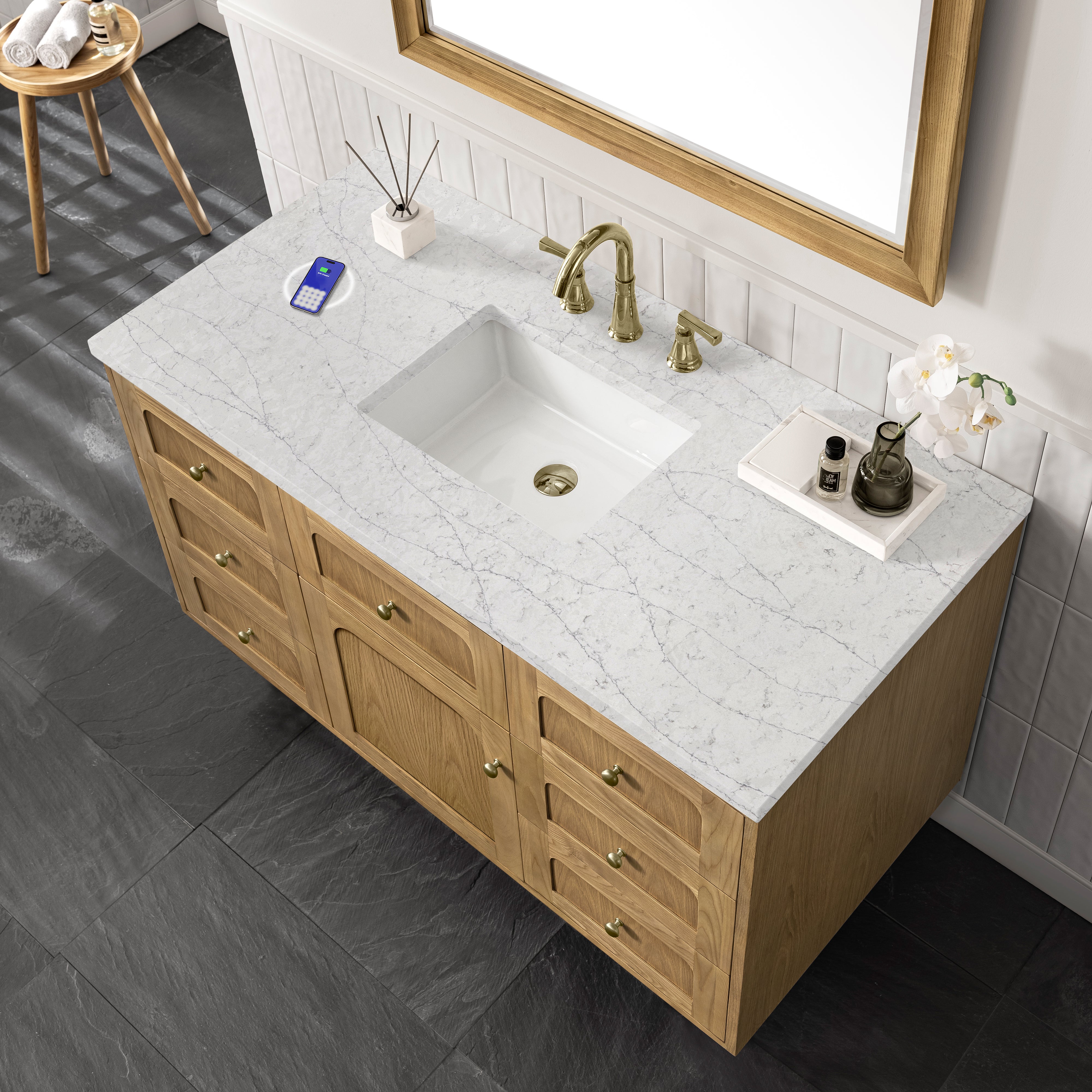 James Martin Laurent 48" Single Vanity in Light Natural Oak with 3cm Countertop and FreePower Wireless Charger