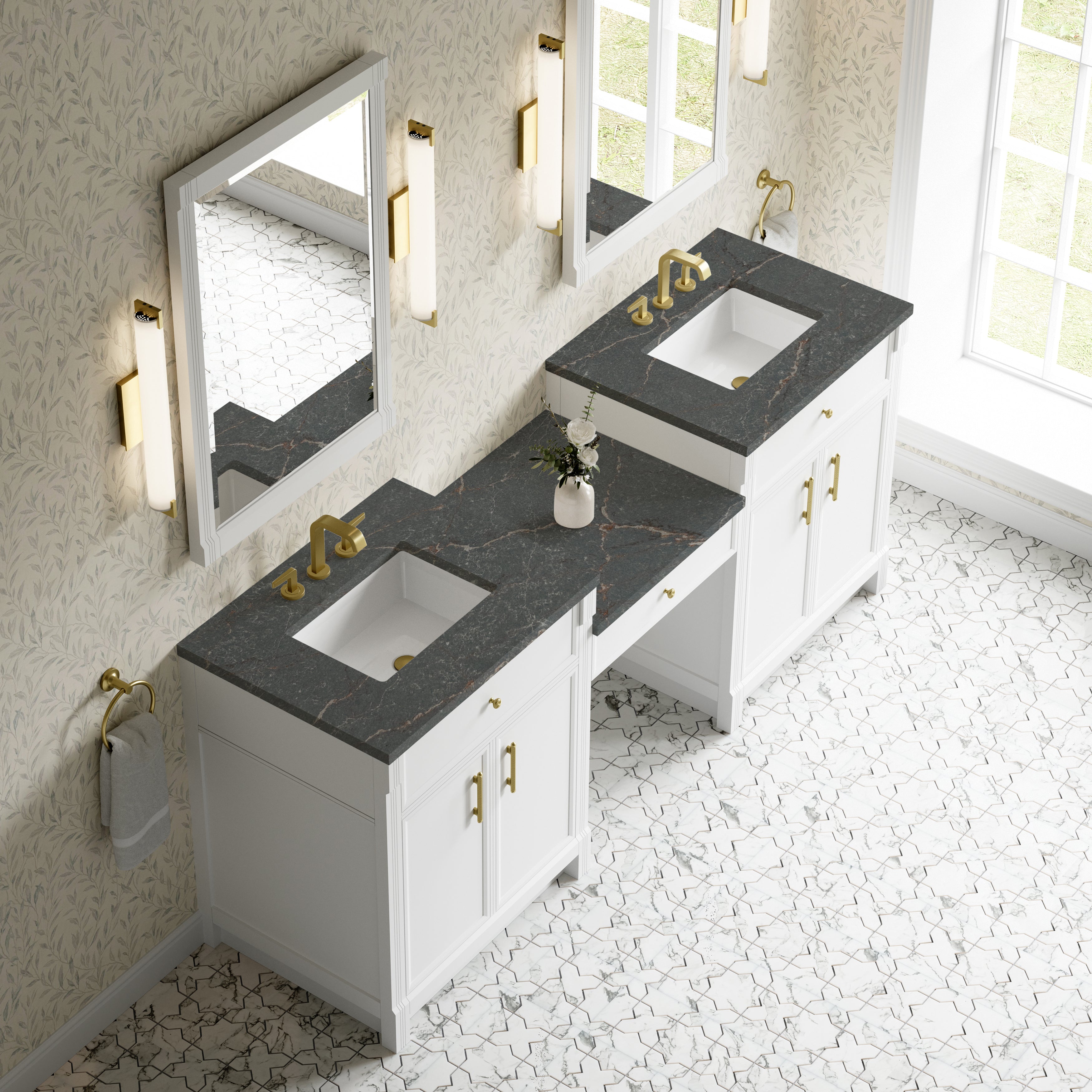 James Martin Bellshire 84" Dual Vanity Set with 24" Make-Up Counter in Bright White with 3cm Countertop