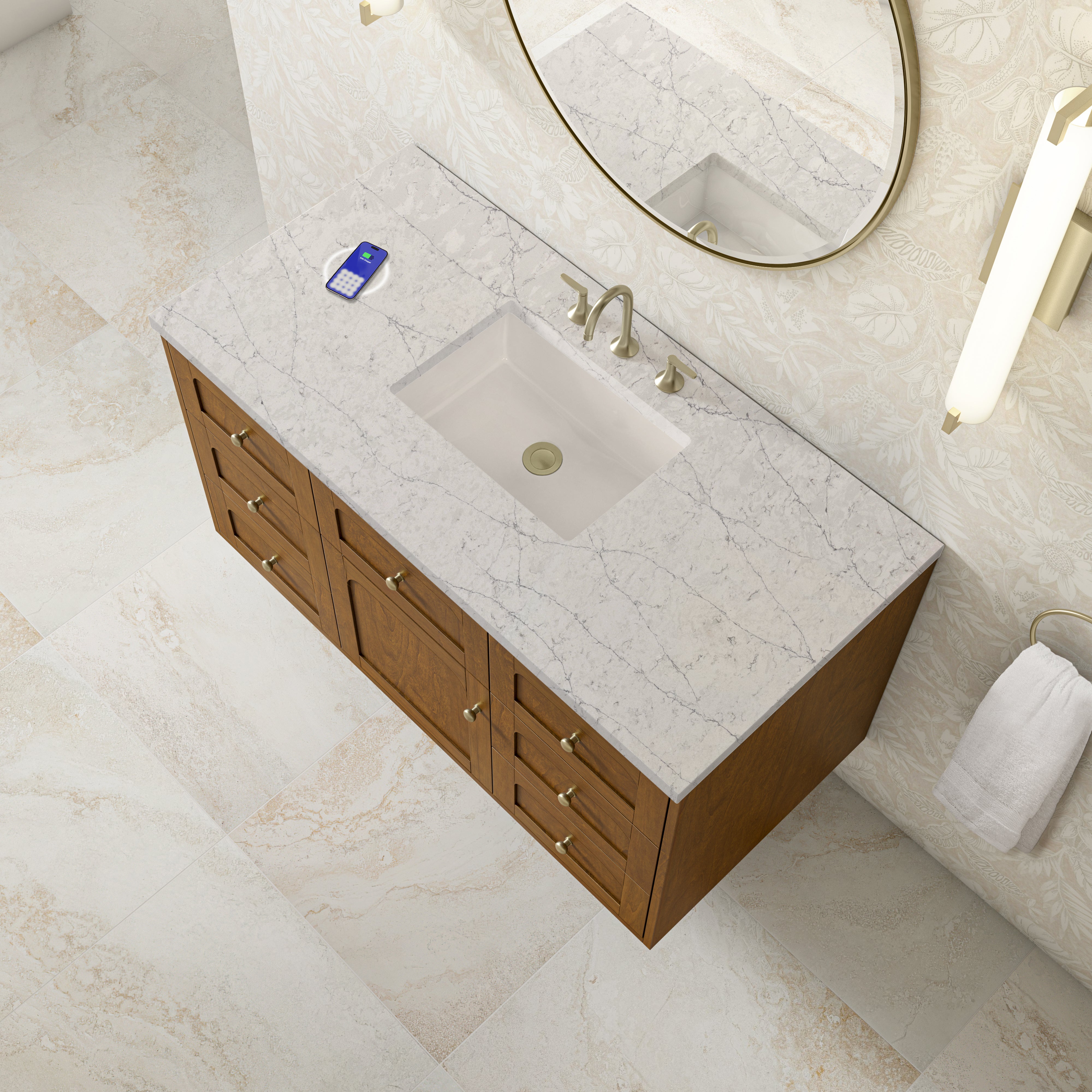 James Martin Laurent 48" Single Vanity in Honey Oak with 3cm Countertop and FreePower Wireless Charger