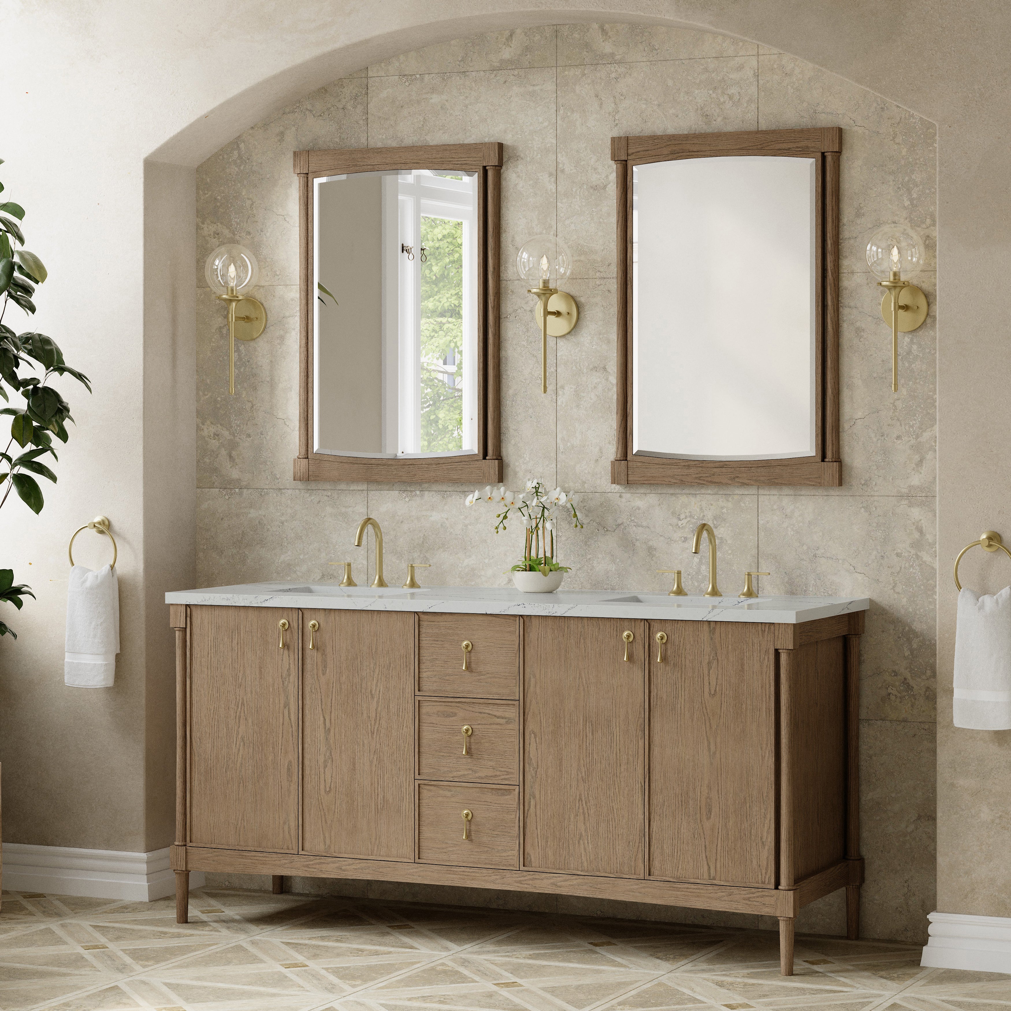 James Martin Kinnsden 72" Double Vanity in Weathered Oak with 3cm Carrara Marble Top