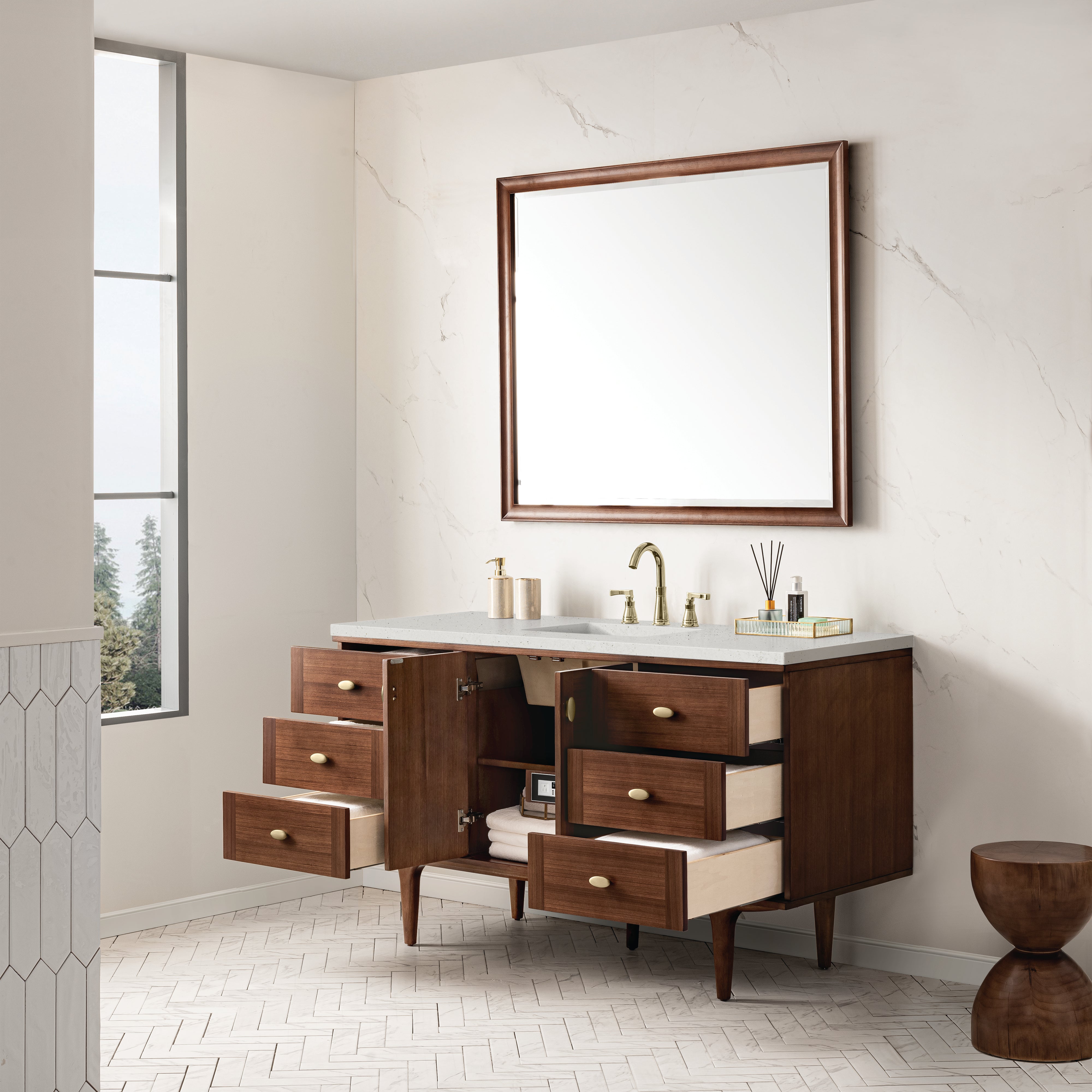 James Martin Amberly 60" Single Vanity in Mid-Century Walnut with 3cm Countertop