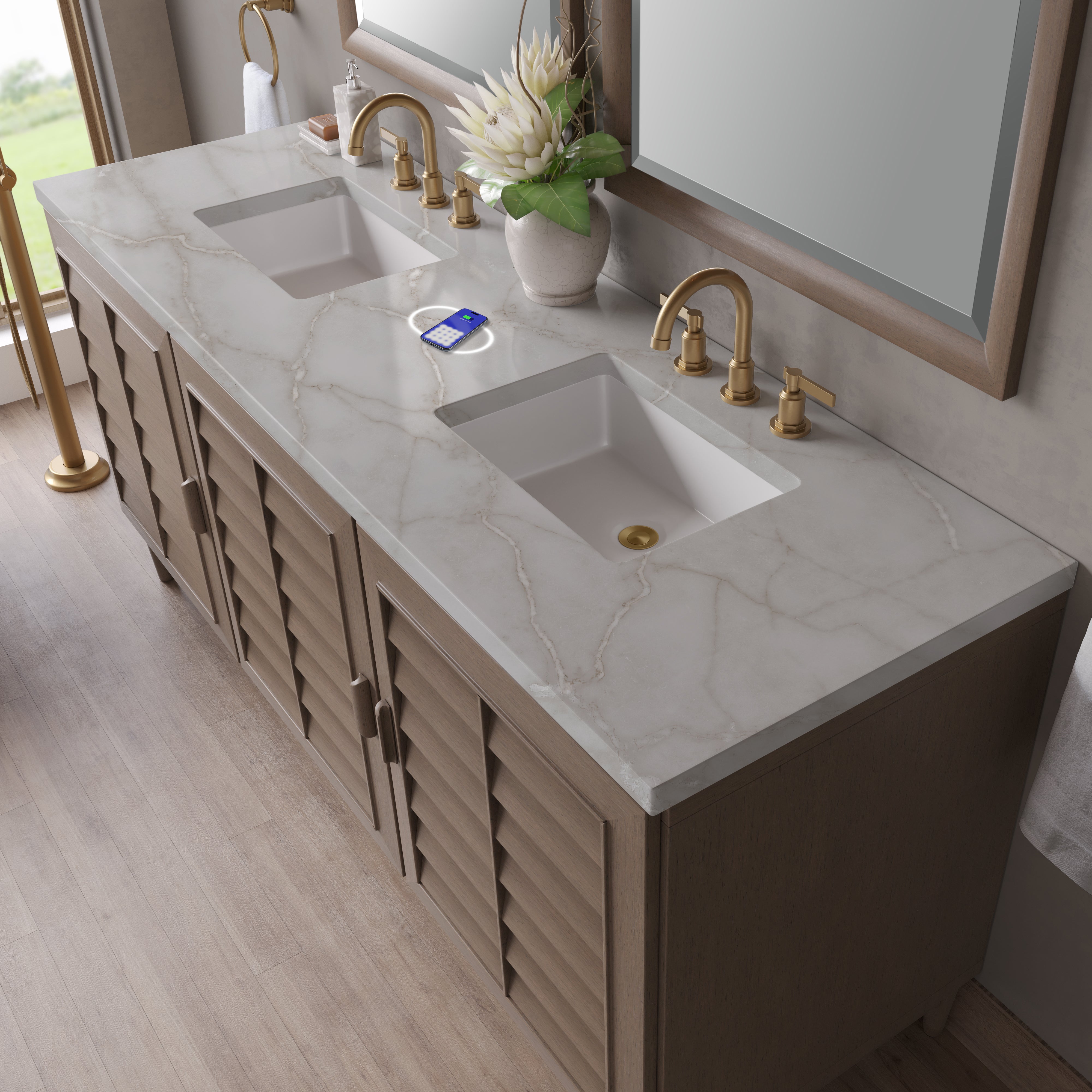 James Martin Portland 72" Double Vanity in Whitewashed Walnut with 3cm Countertop and FreePower Wireless Charger