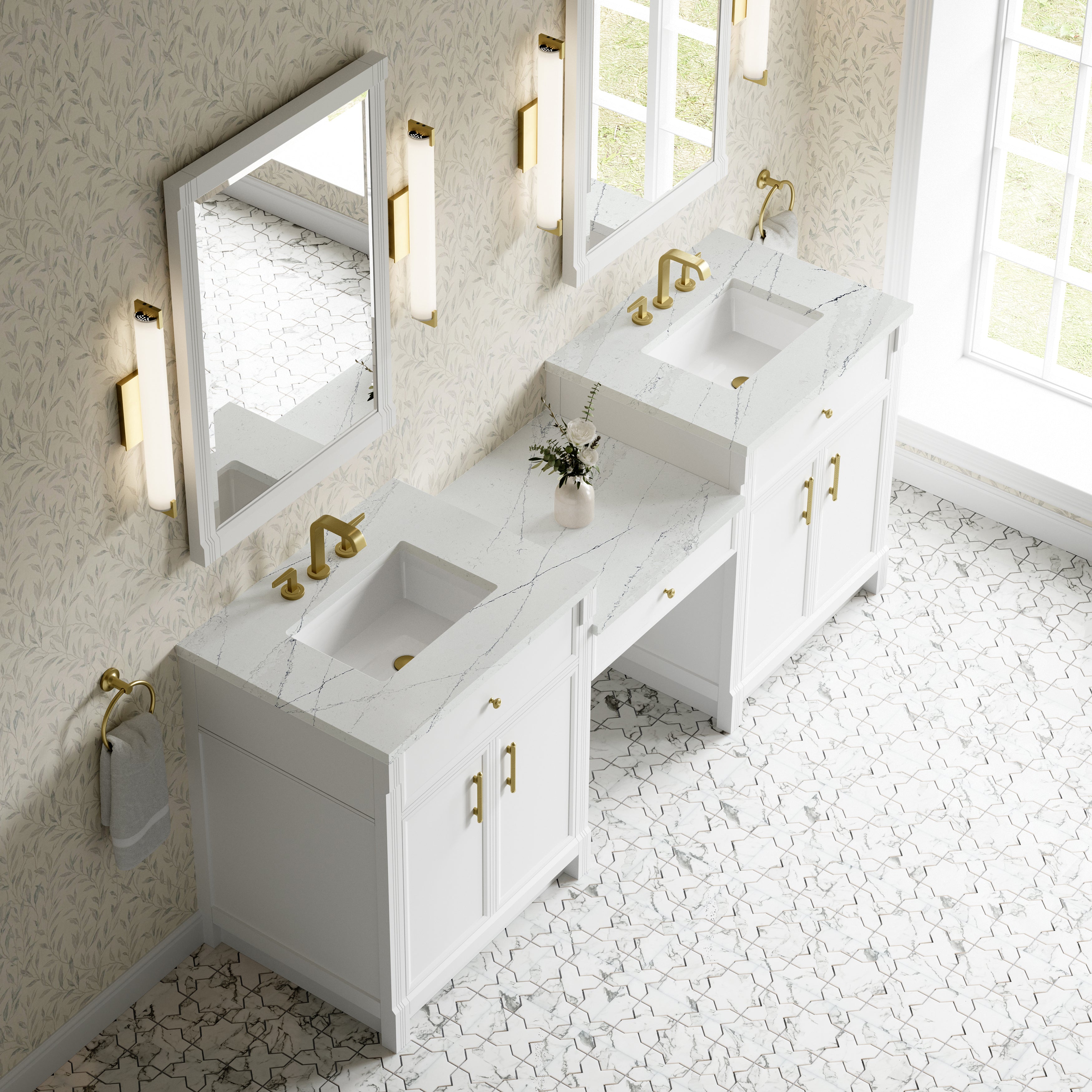 James Martin Bellshire 84" Dual Vanity Set with 24" Make-Up Counter in Bright White with 3cm Countertop