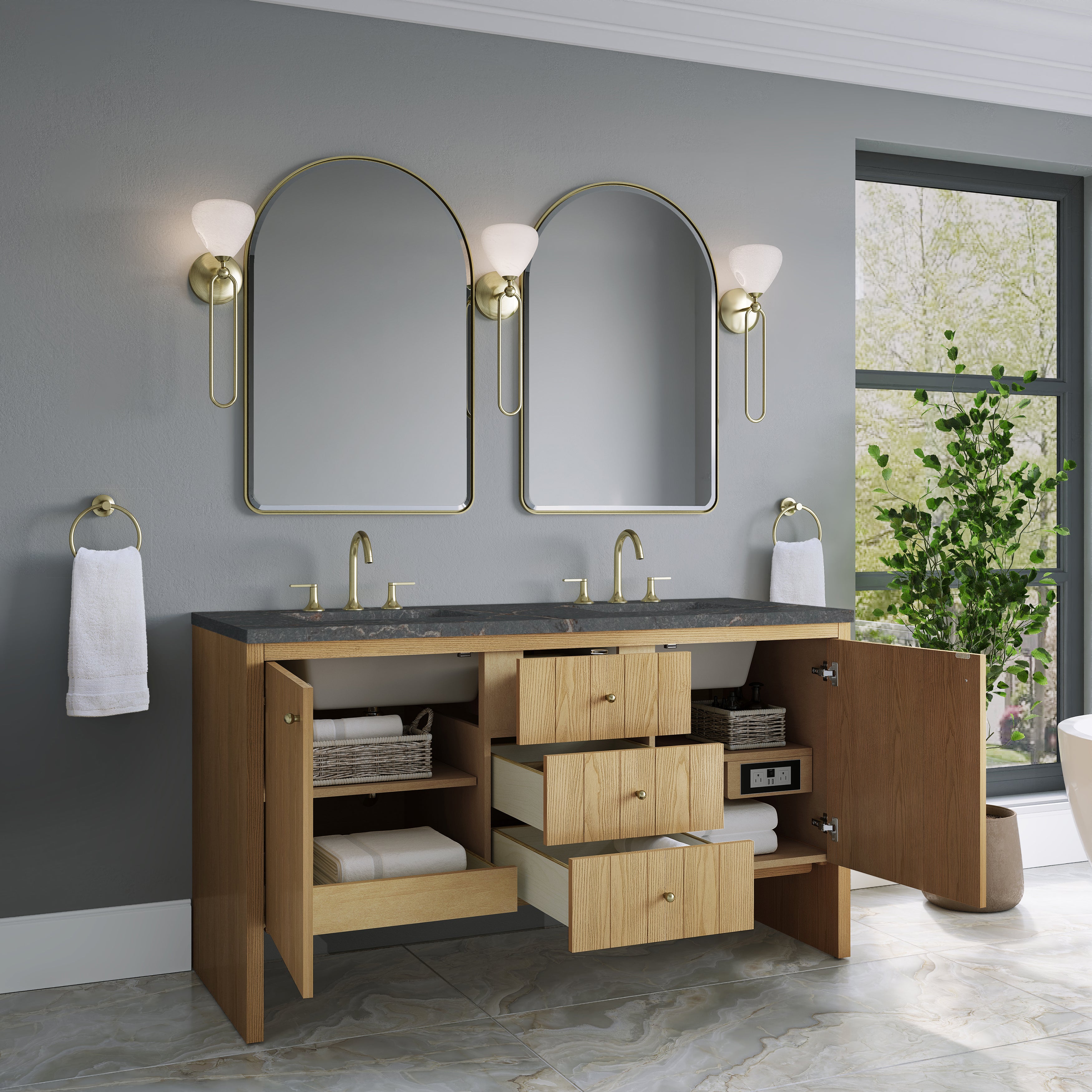 James Martin Hudson 60" Double Vanity in Light Natural Oak with 3cm Countertop and FreePower Wireless Charger