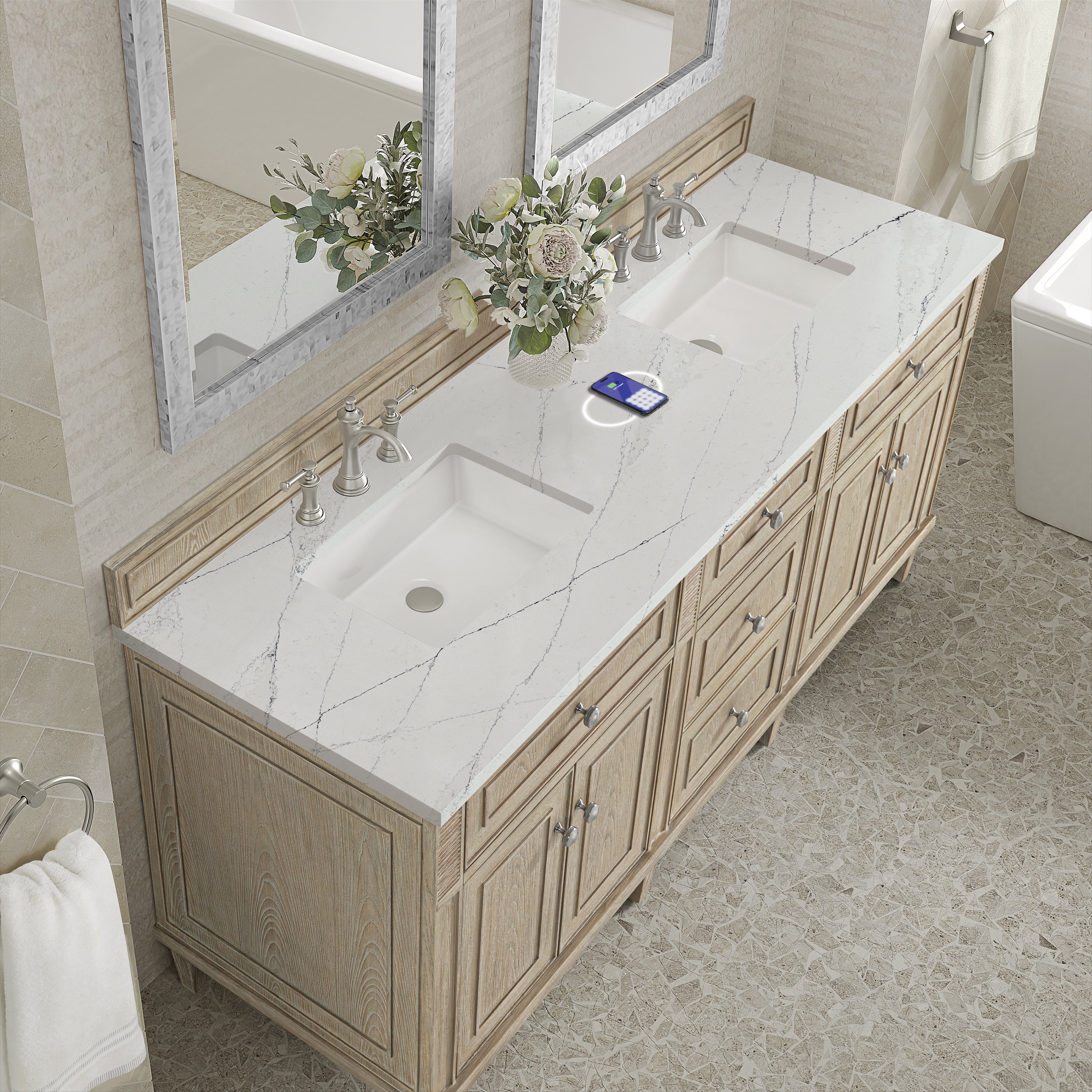James Martin Lorelai 72" Double Vanity in Whitewashed Oak with 3cm Countertop and FreePower Wireless Charger