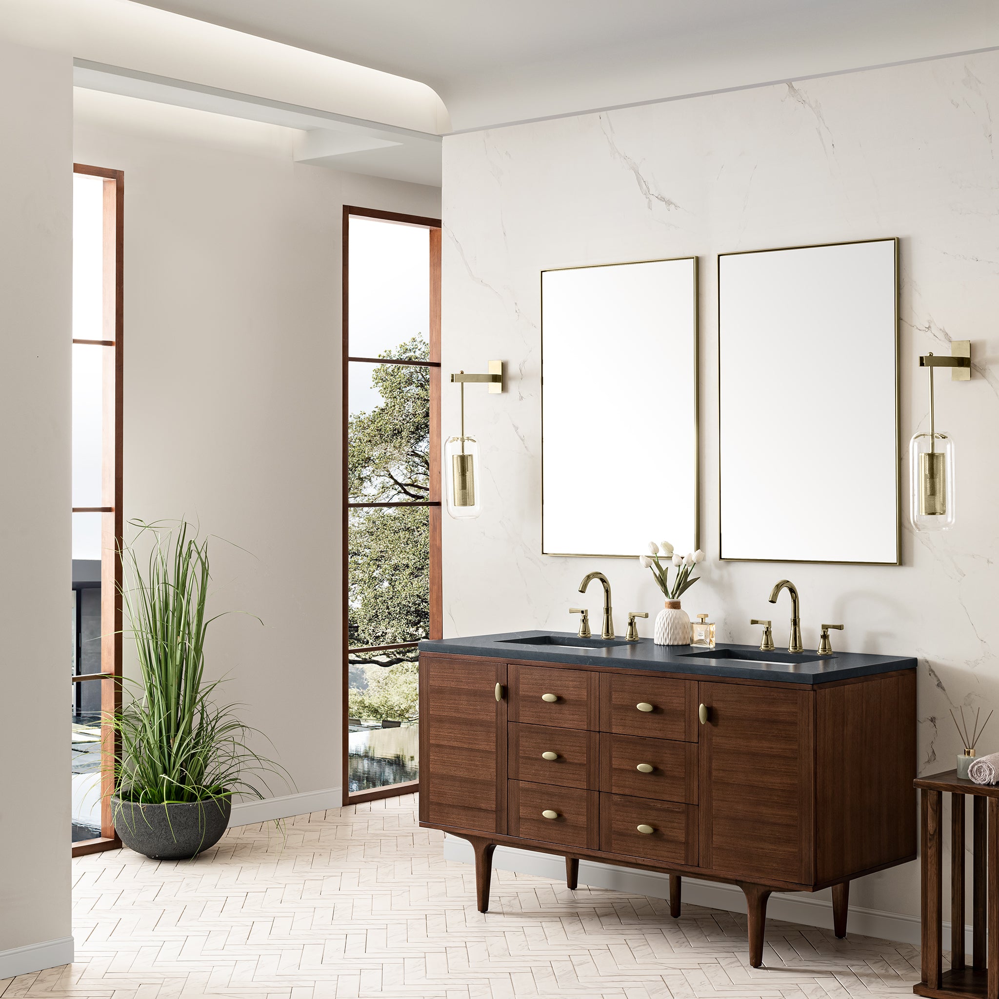 James Martin Amberly 60" Double Vanity in Mid-Century Walnut with 3cm Countertop