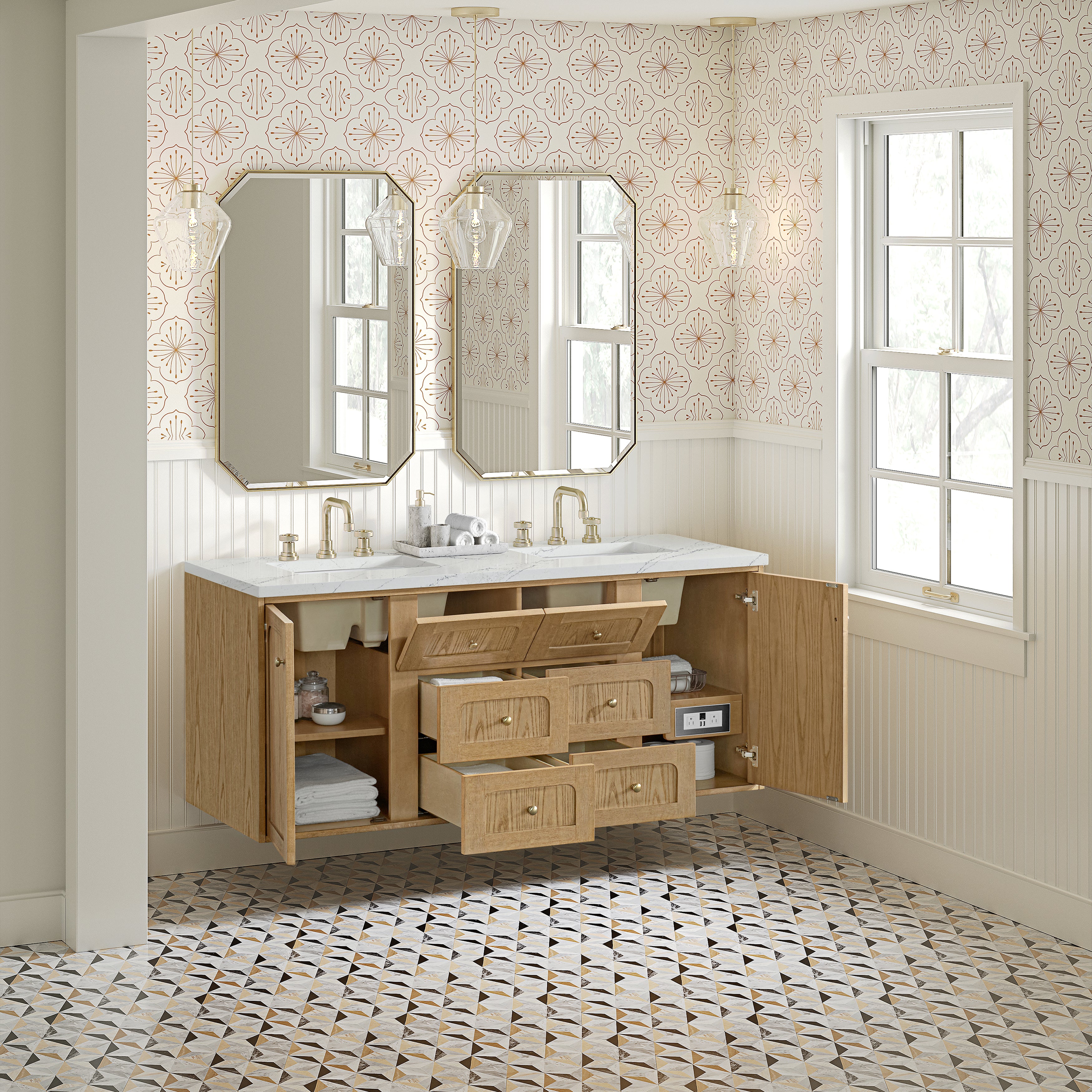 James Martin Laurent 60" Double Vanity in Light Natural Oak with 3cm Countertop and FreePower Wireless Charger