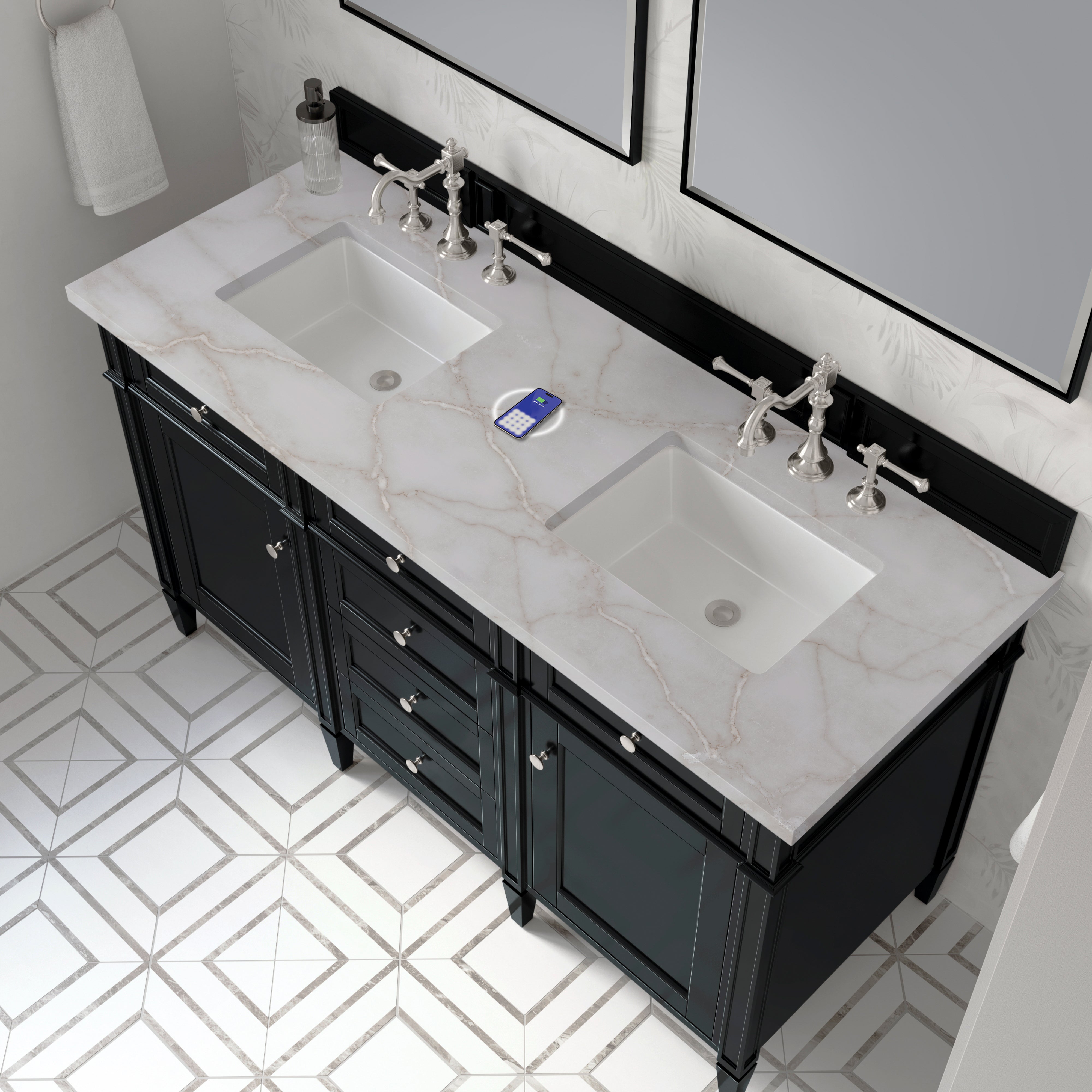 James Martin Brittany 60" Double Vanity in Black Onyx with 3cm Countertop and FreePower Wireless Charger