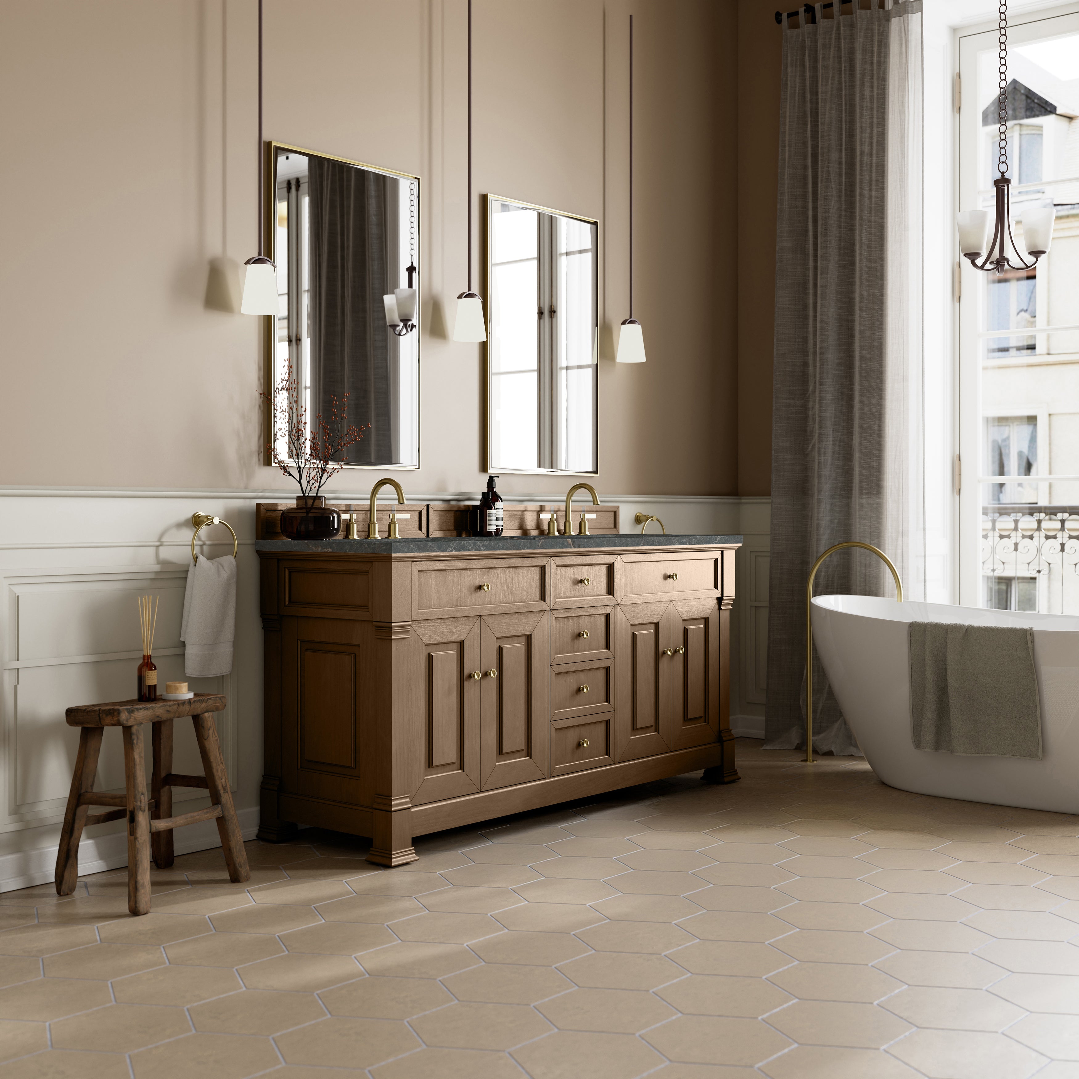 James Martin Brookfield 72" Double Vanity in Pecan with 3cm Countertop and FreePower Wireless Charger