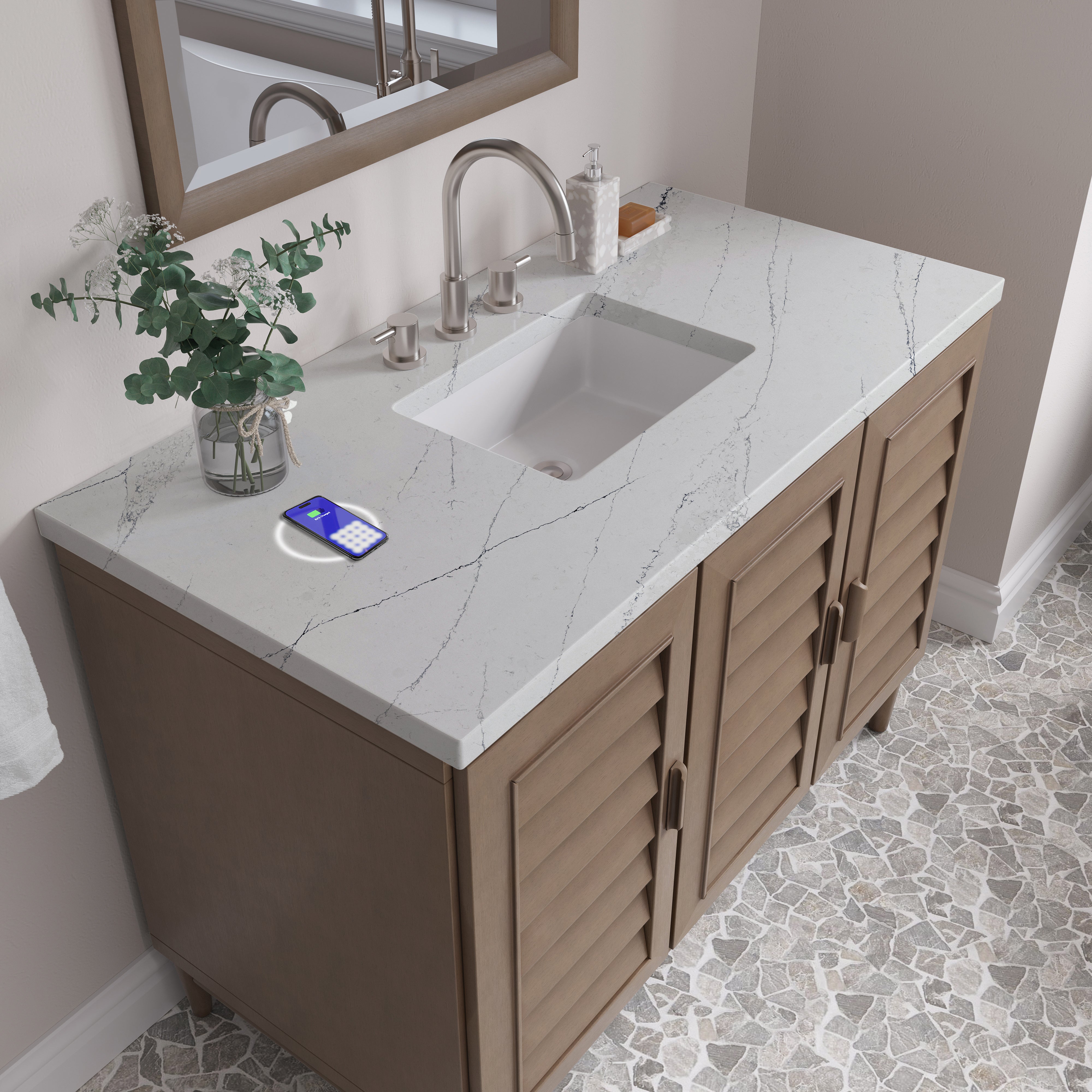 James Martin Portland 48" Single Vanity in Whitewashed Walnut with 3cm Countertop and FreePower Wireless Charger