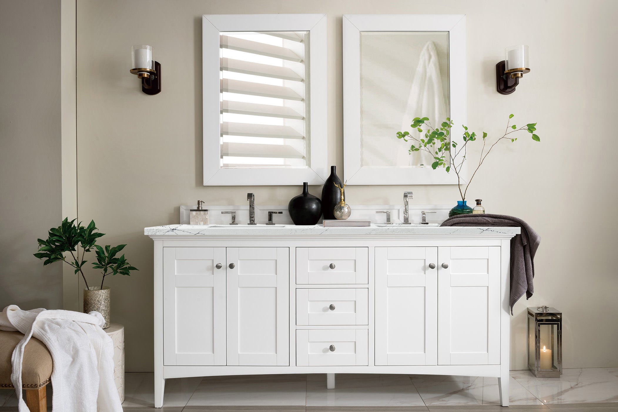 James Martin Palisades 72" Double Vanity in Bright White with 3cm Countertop