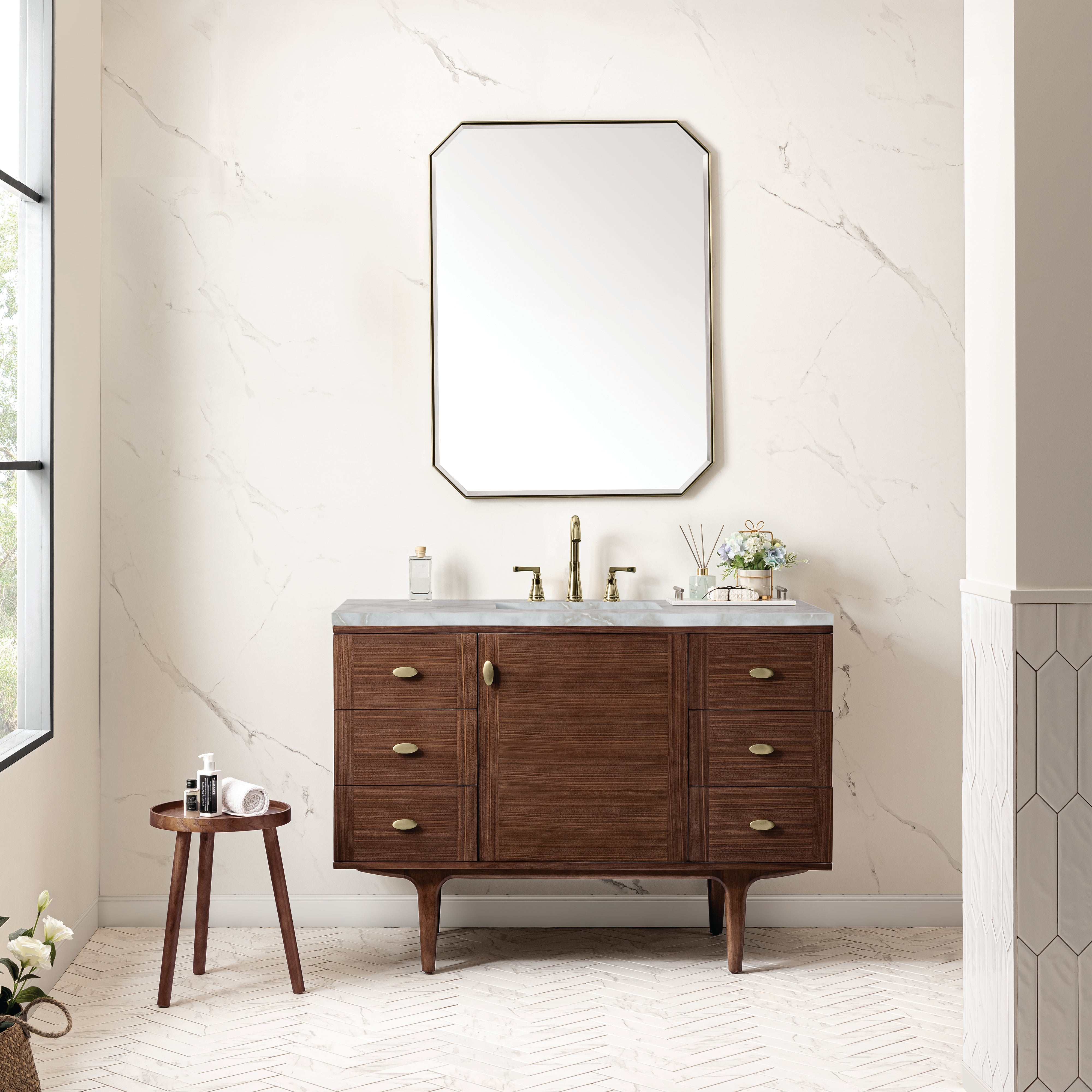 James Martin Amberly 48" Single Vanity in Mid-Century Walnut with 3cm Countertop and FreePower Wireless Charger