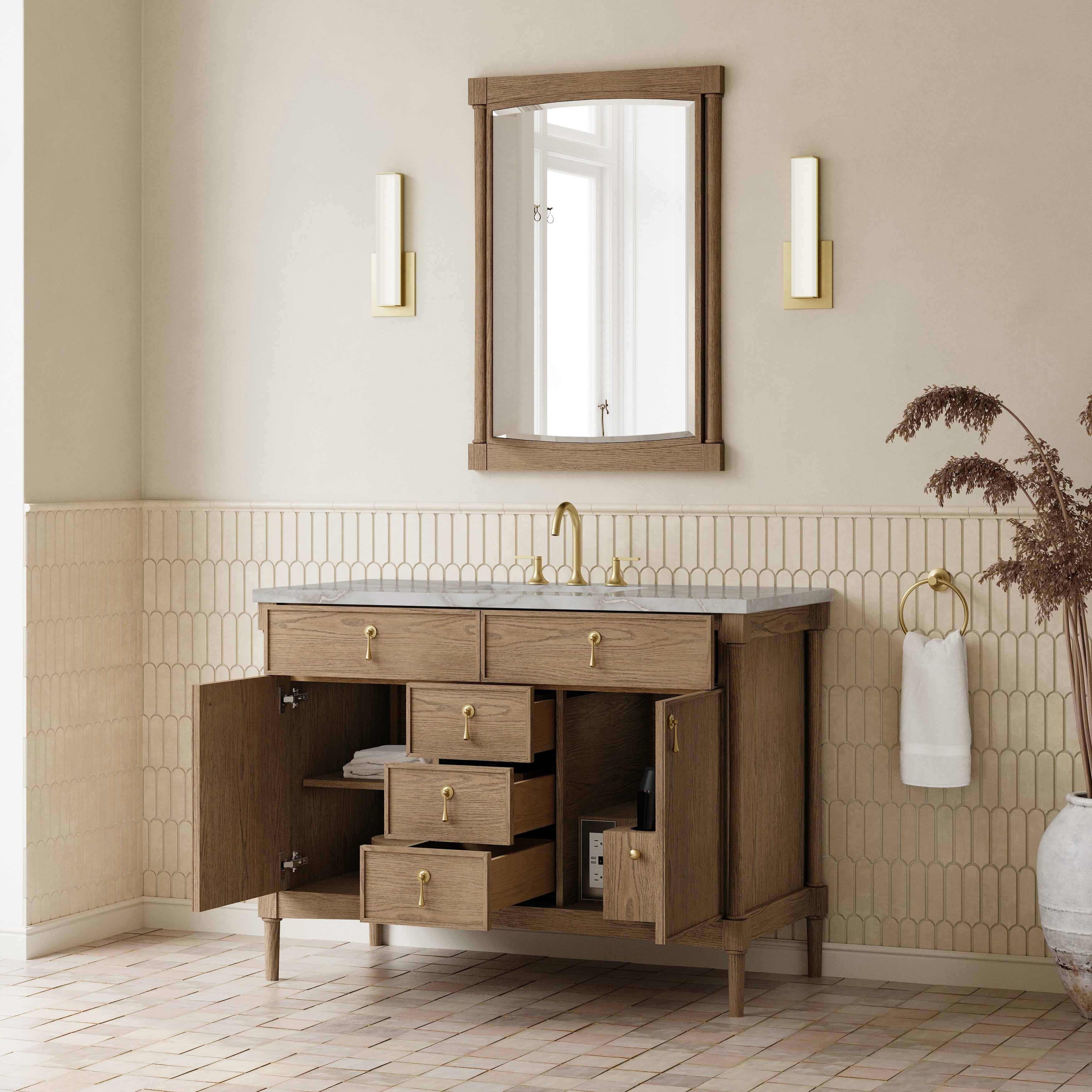 James Martin Kinnsden 48" Single Vanity in Weathered Oak with 3cm Countertop and FreePower Wireless Charger