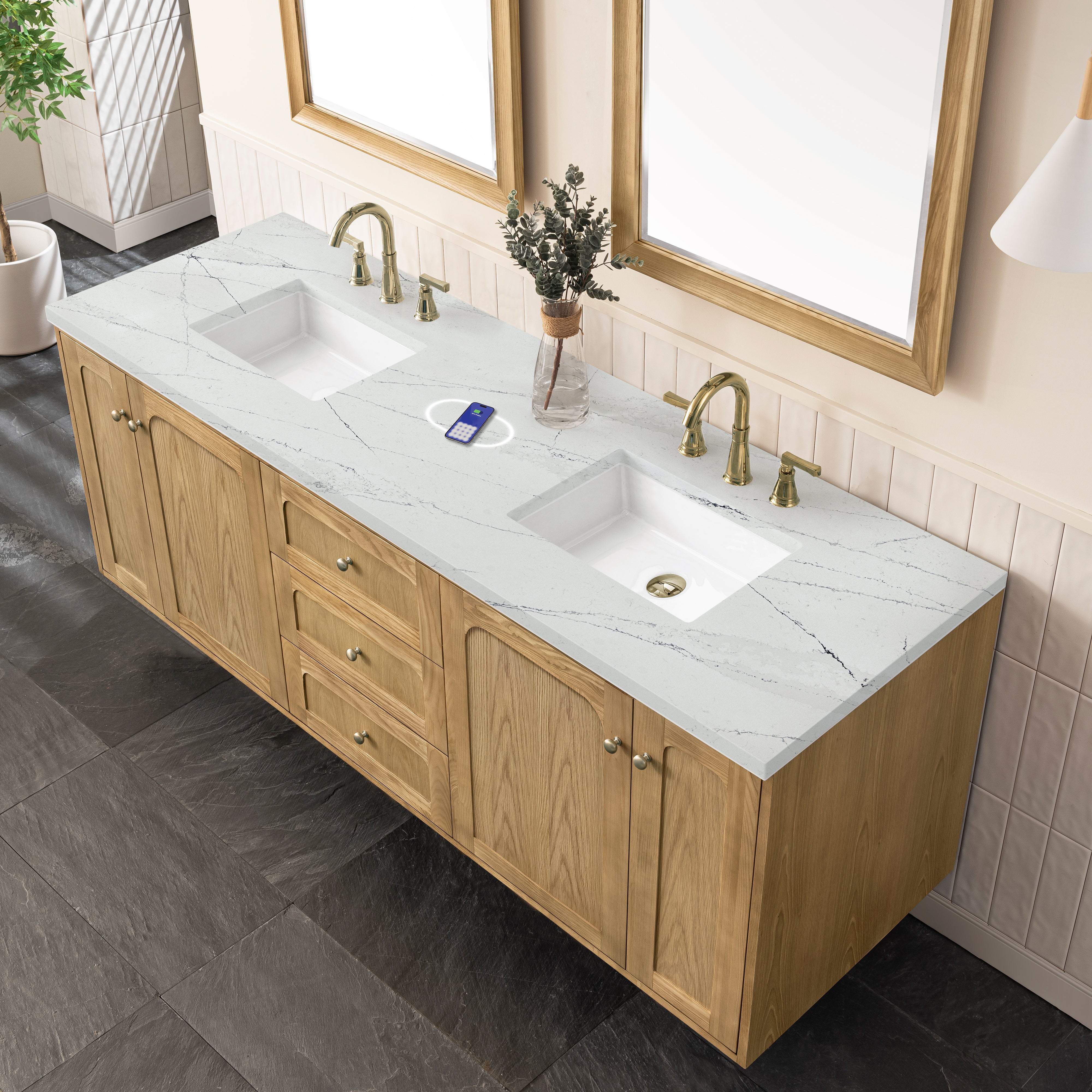 James Martin Laurent 72" Double Vanity in Light Natural Oak with 3cm Countertop and FreePower Wireless Charger