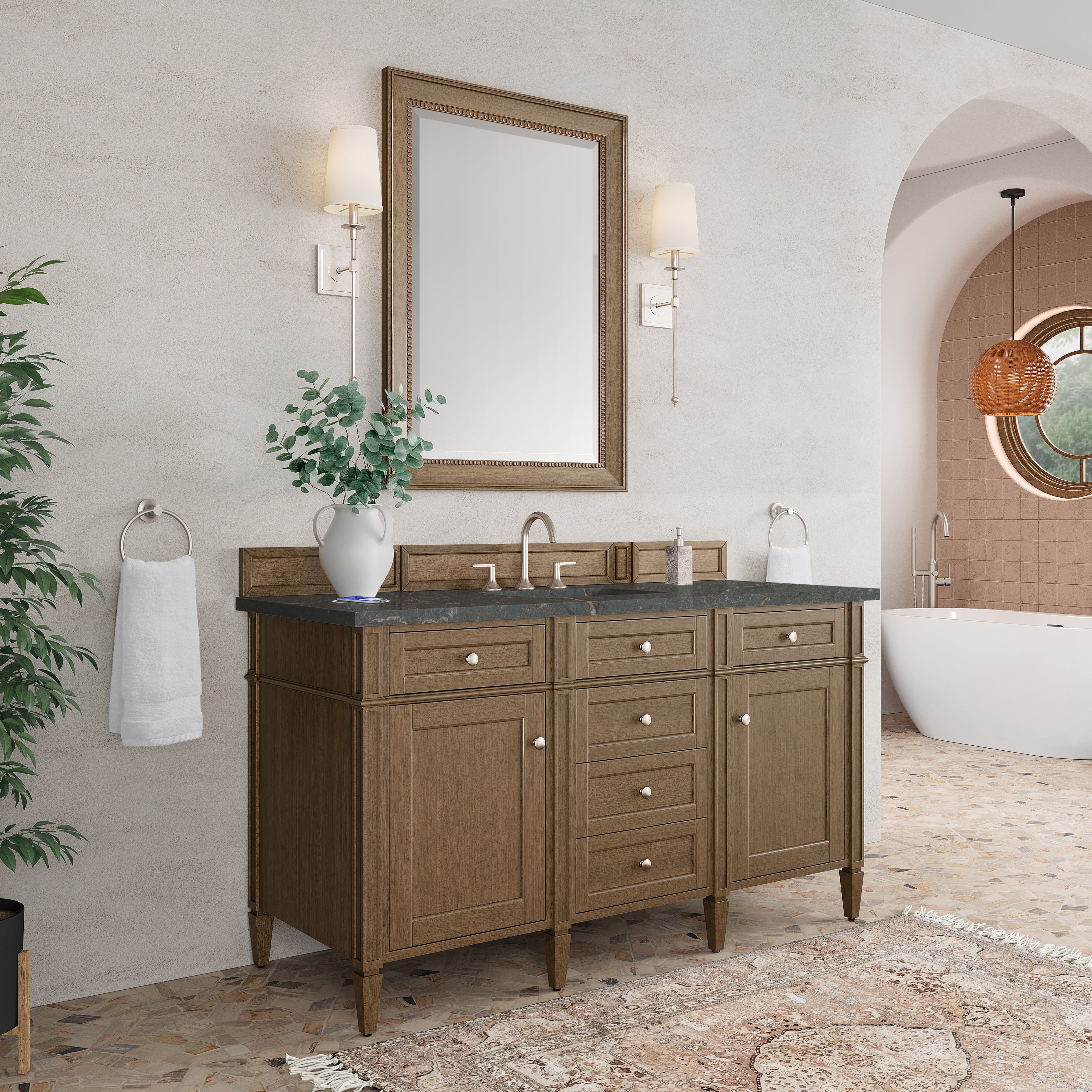 James Martin Brittany 60" Single Vanity in Saddle Brown with 3cm Countertop and FreePower Wireless Charger