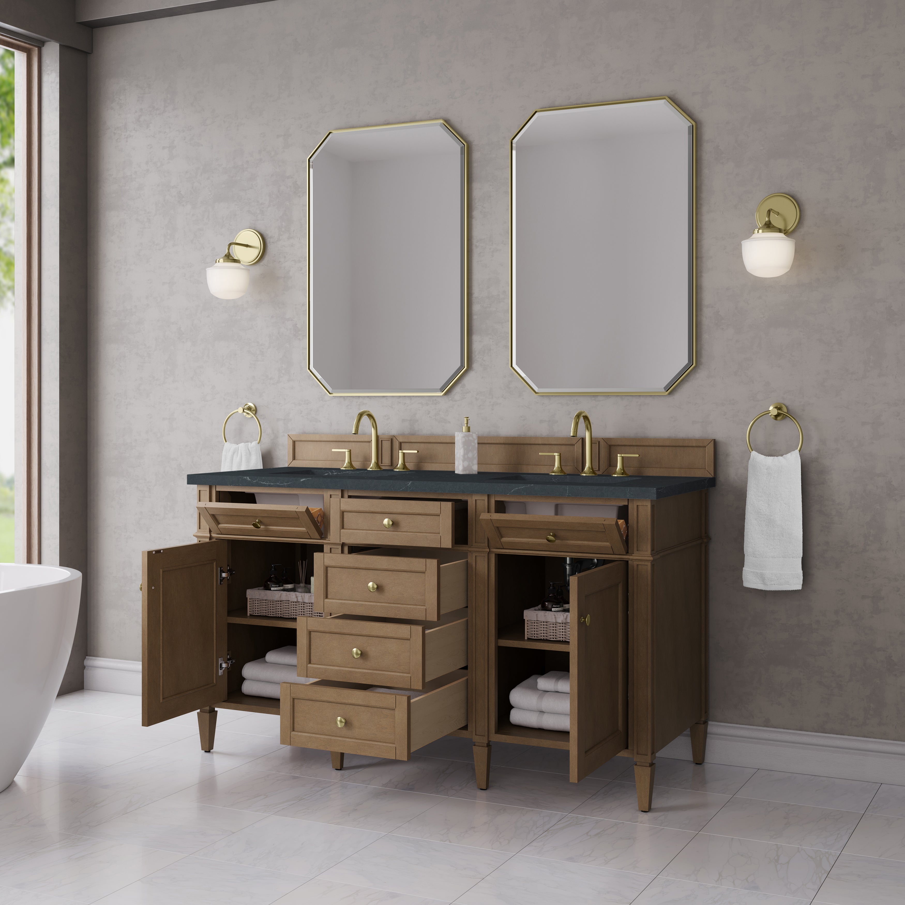 James Martin Brittany 60" Double Vanity in Pecan with 3cm Countertop