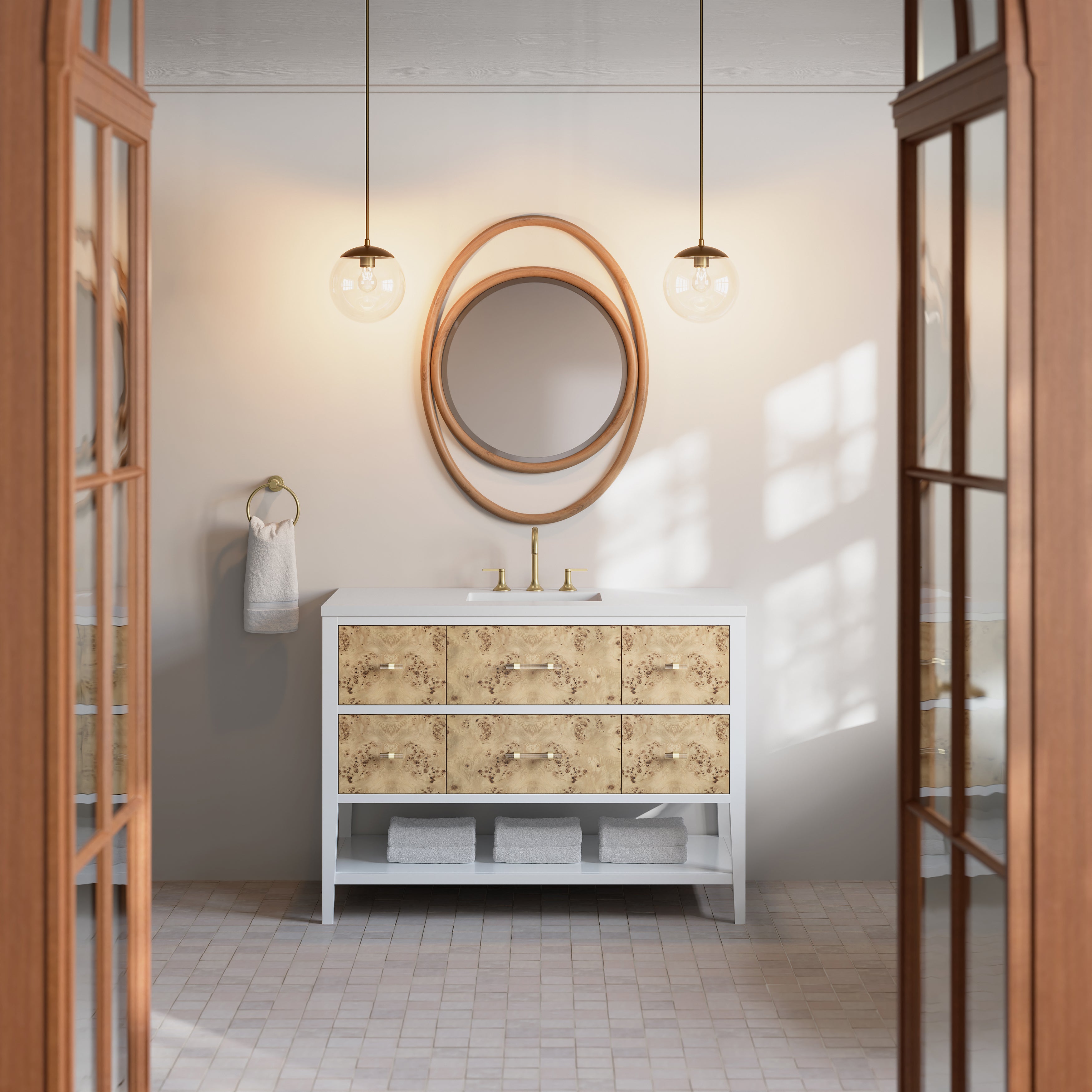 James Martin Olena 48" Single Vanity in Light Mappa Burl and Polished White with 3cm Countertop