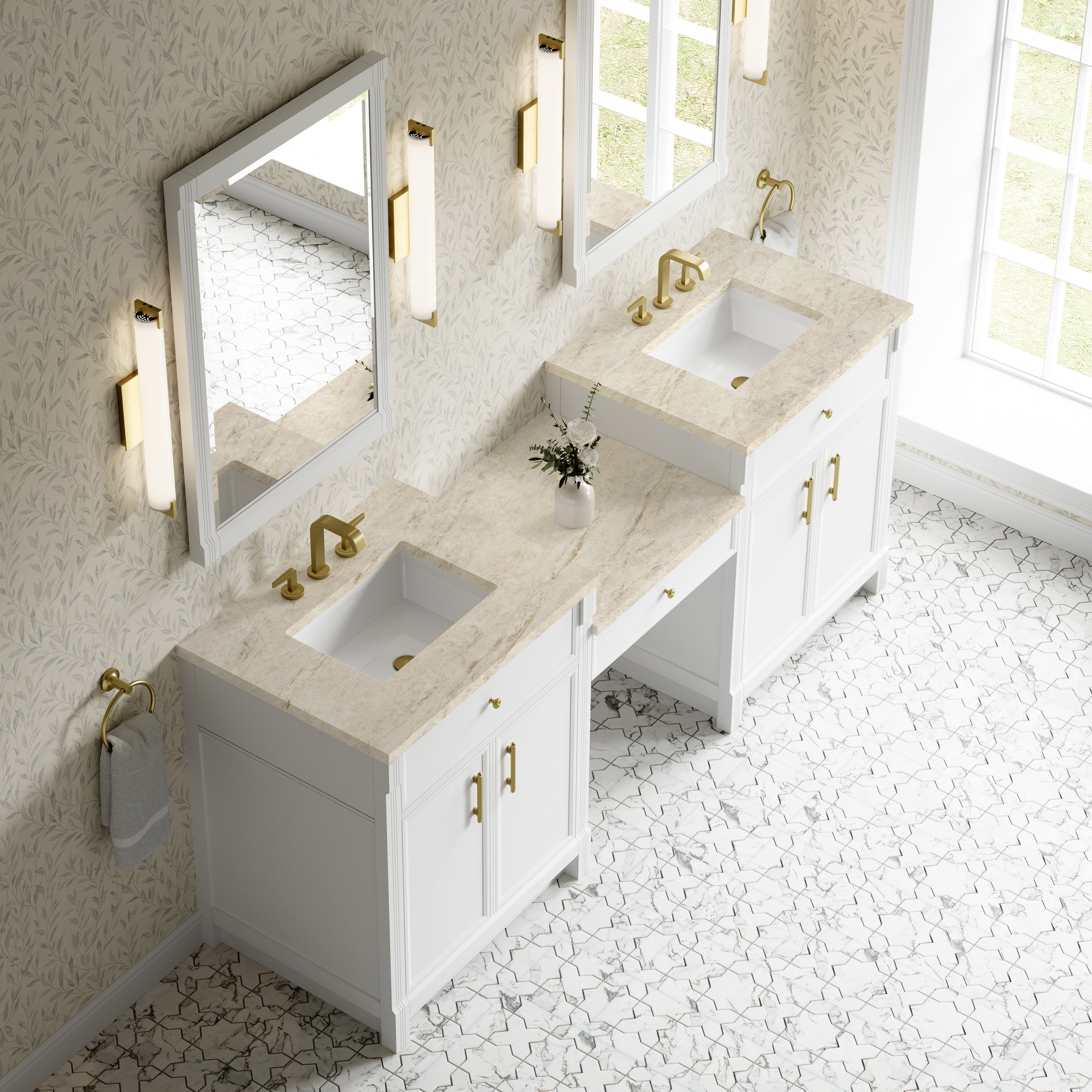 James Martin Bellshire 84" Dual Vanity Set with 24" Make-Up Counter in Bright White with 3cm Countertop