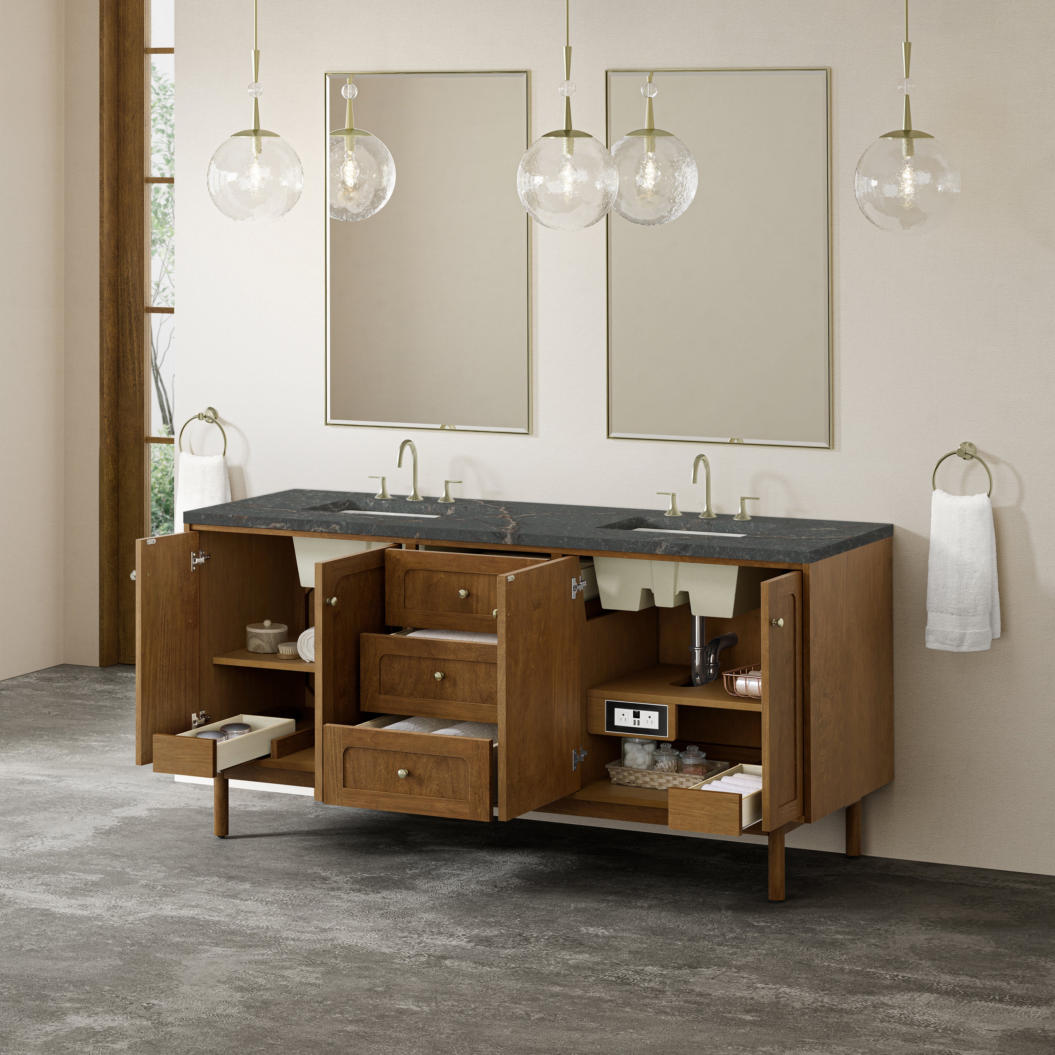 James Martin Laurent 72" Double Vanity in Honey Oak with 3cm Countertop and FreePower Wireless Charger