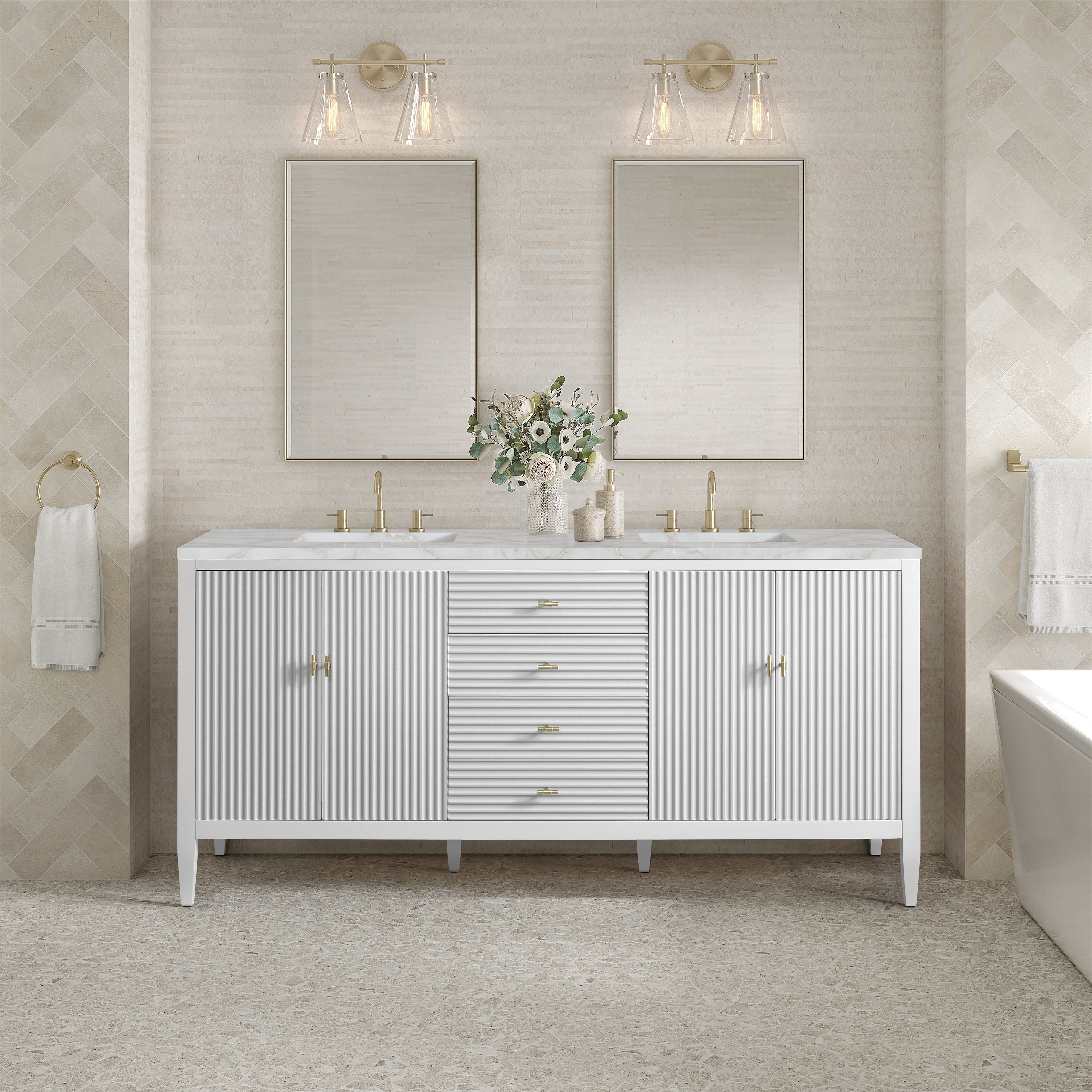 James Martin Myrrin 72" Double Vanity in Bright White with 3cm Countertop