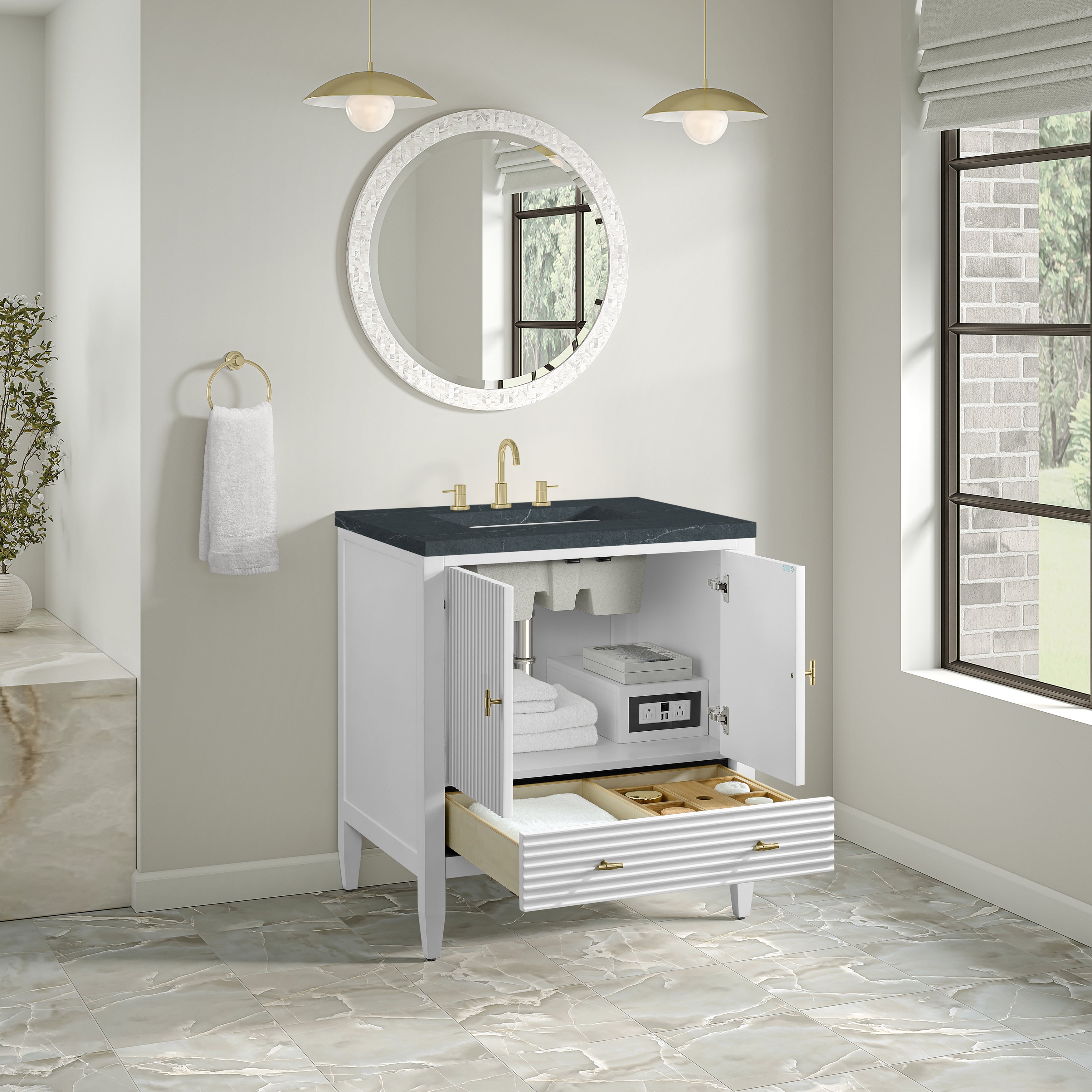 James Martin Myrrin 30" Single Vanity in Bright White with 3cm Countertop