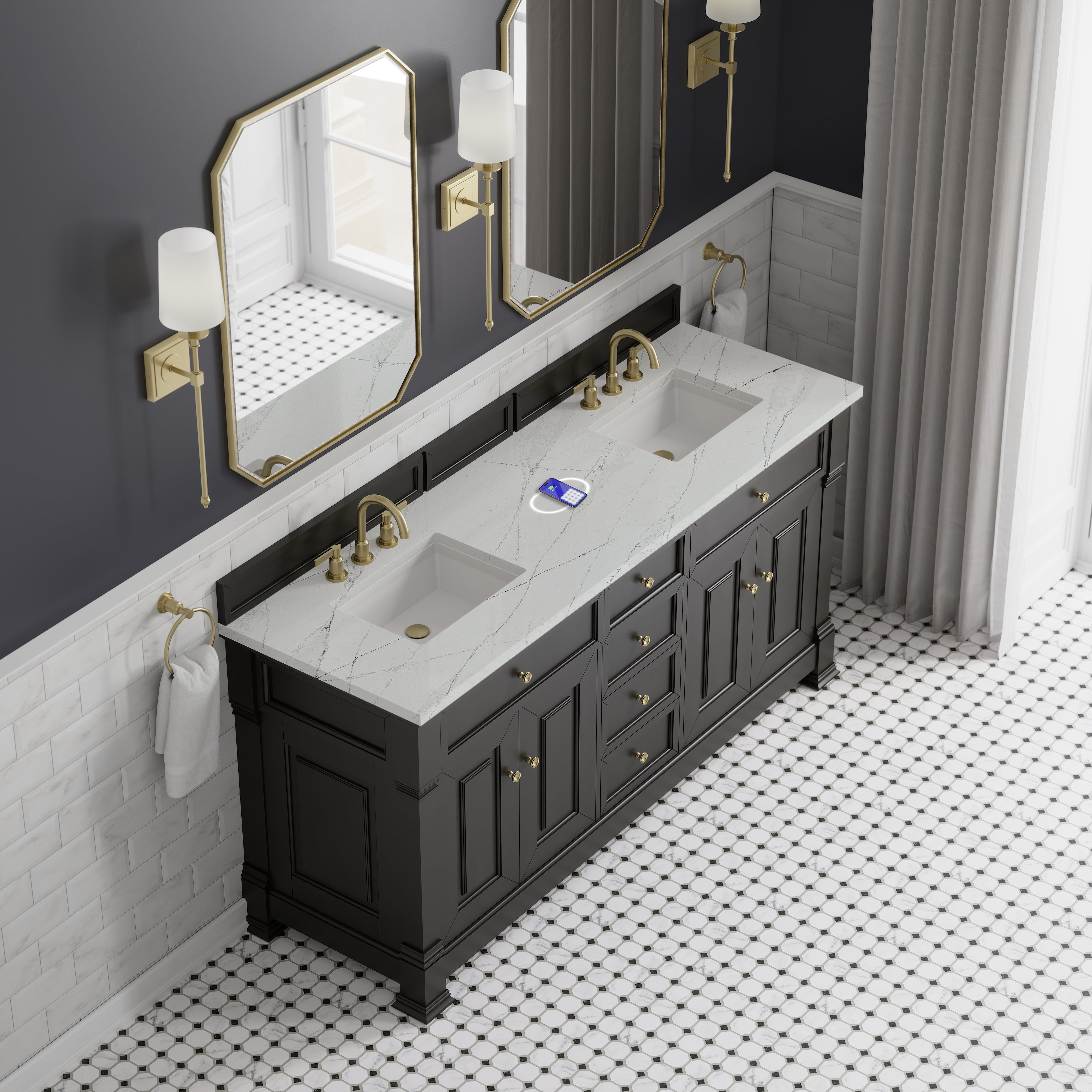 James Martin Brookfield 72" Double Vanity in Black Onyx with 3cm Countertop and FreePower Wireless Charger